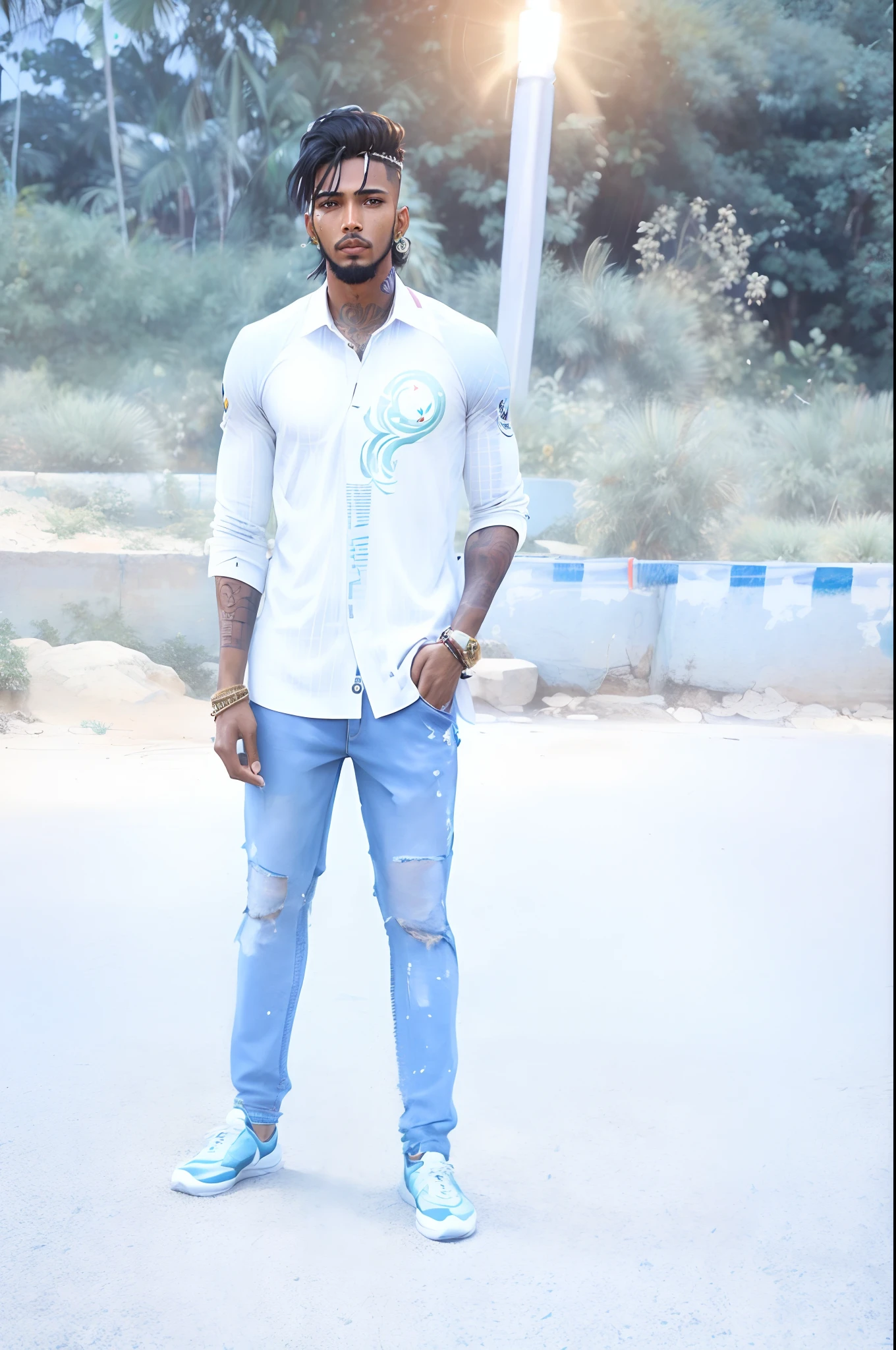 Design an artistic portrait of Hardik Pandya Indian cricketer showcasing his iconic hairstyle and tattoos. Change background and focus only face