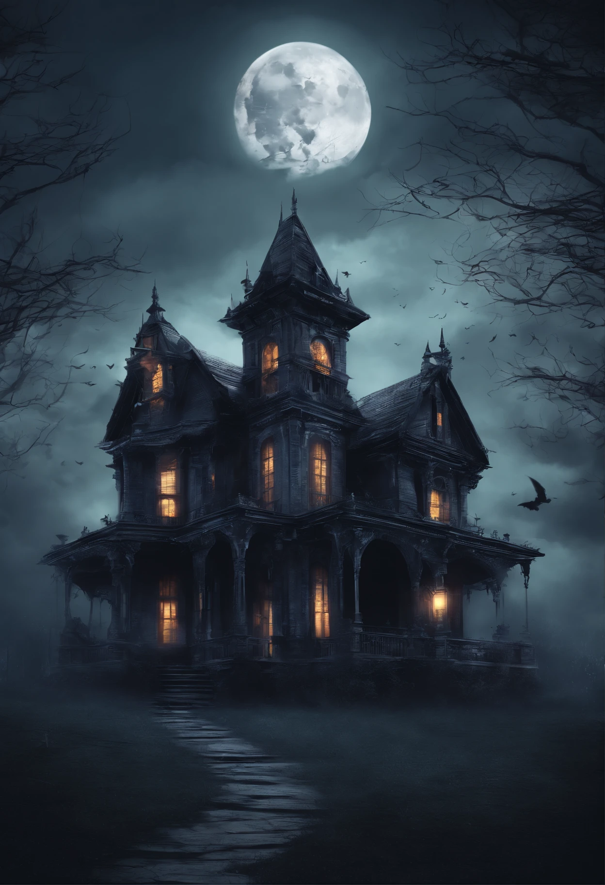 (best quality,4k,8k,highres,masterpiece:1.2),ultra-detailed,(realistic,photorealistic,photo-realistic:1.37),spooky cute bat, haunted mansion, full moon, dark atmosphere, gothic architecture, eerie shadows, misty surroundings, moonlight reflection, intense eyes, flapping wings, creaking doors, mystical creatures, mysterious atmosphere, hauntingly beautiful, mystical moonlit sky, enchanting ambience, bats flying, haunted aura, spooky charm, night-time drama, Victorian-style mansion, majestic presence, ominous vibes, hauntingly magical, twisted tree branches, glowing moonlight, creepy elegance, abandoned feel, eerie silence, mystical atmosphere, haunted charm, gloomy backdrop, spooky cuteness, bewitching scenery, chillingly adorable bat, ghostly aura, dark secrets, ominous beauty, supernatural elements, mysterious allure, spooky fantasy, eerie allure.