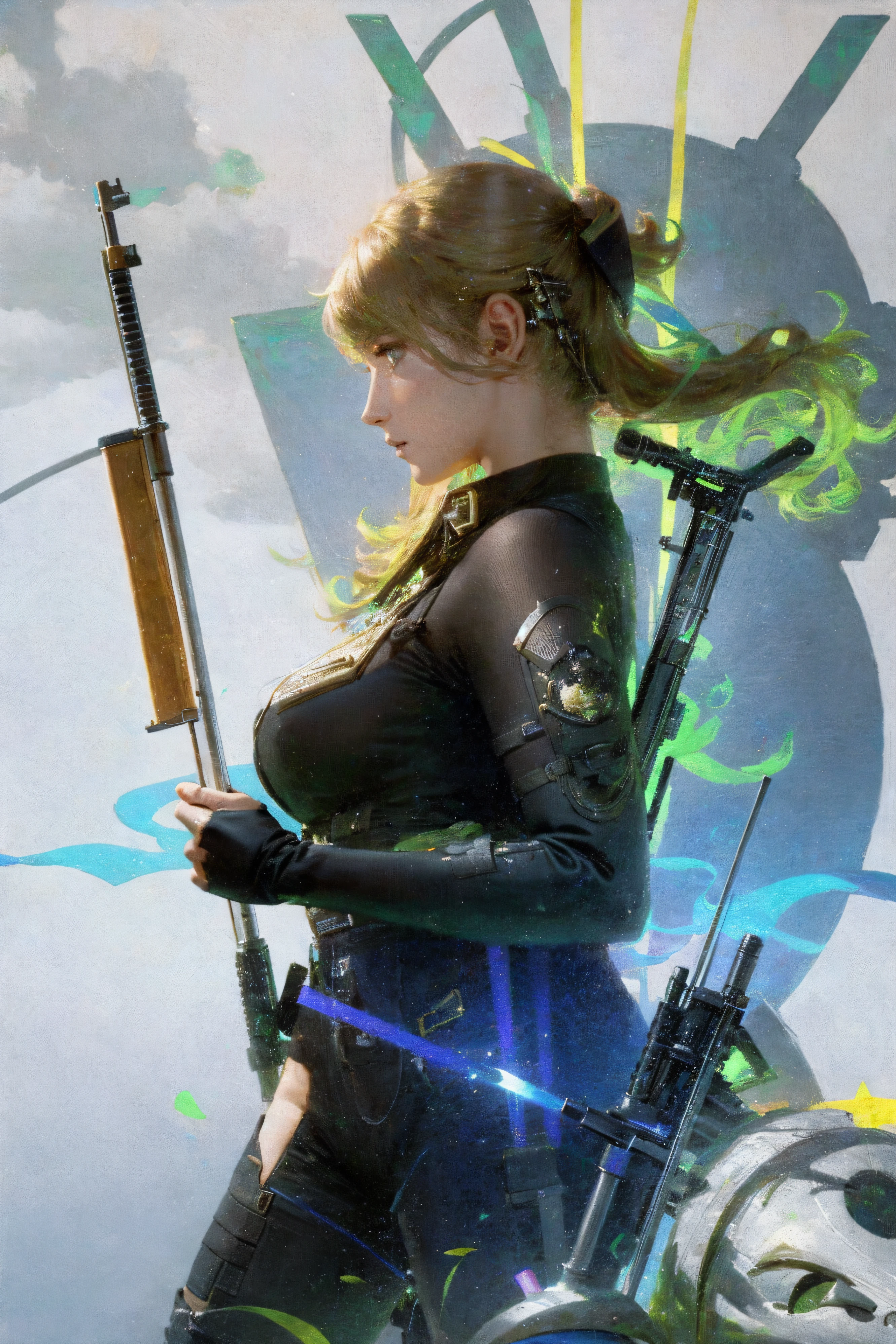 {{masterpiece, best quality, extremely detailed CG, unity 8k wallpaper, cinematic lighting, lens flare}}, a girl shooting a rifle, wide view, full body, thick body, long blond hair, green eyes, (holding weapon, holding rifle, aiming, aim, open fire, firing:1.4), gun, h&k hk416, carbine, (side view:1.4)
