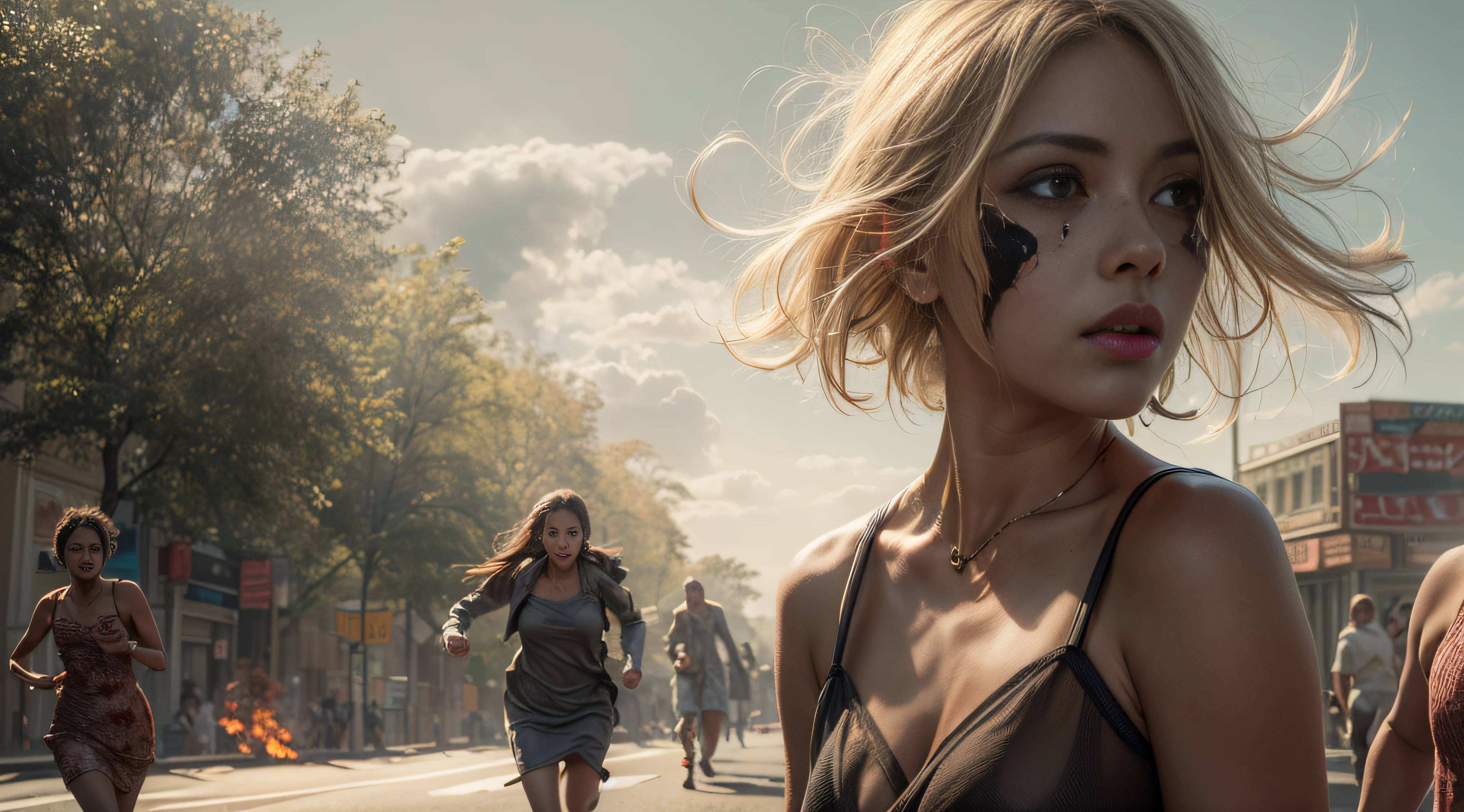 She wore a short slip dress,Running on the road, sunny mid day,Behind her, There is a large group of zombies chasing, Flames and general destruction, The darkness of the Dark Ages,Medium shot,Cinematic light and shadow,8K clarity