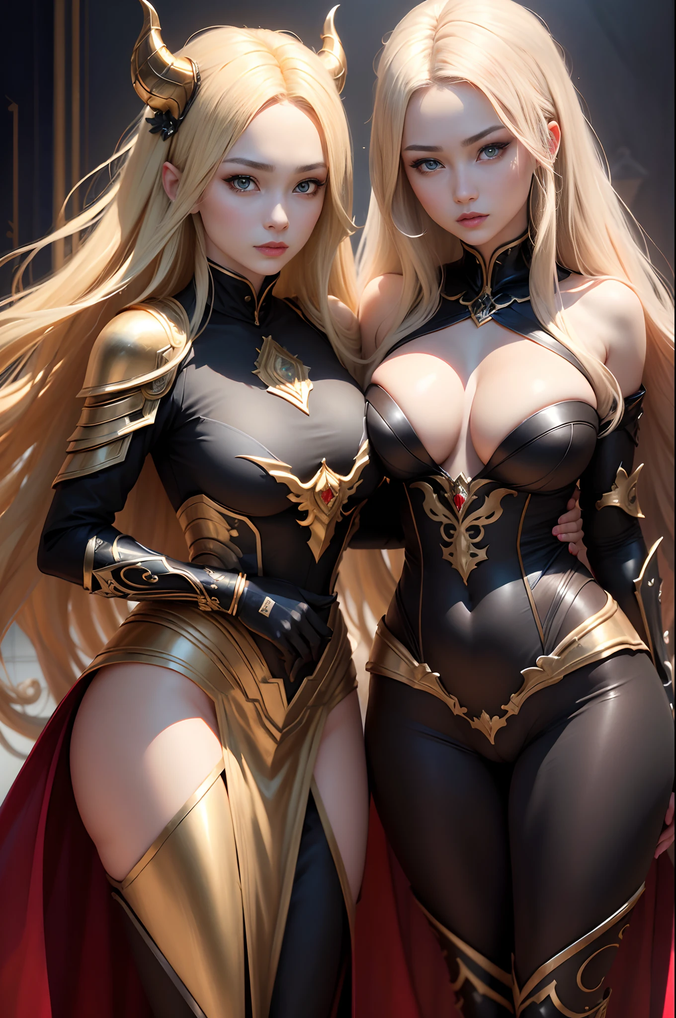((8K,High image quality High image quality、masterpiece:1.4))、1、Long Blonde Hair、gradation hair、Super Beautiful Demon Hunter、beautiful expression、red-lips,beautidful eyes、Models with large breasts、Perfect face shape、Black and bright red sexy chest armor、Glossy black and bright red trousers and legers,With a large kissel,Golden decoration,Realistic proportions、Dynamic Poses、high details、Convoluted、intricate-detail、Realistic eyes、Realistic eye proportions、foco nítido、32K、Realistic lighting、Extreme details、Realistic pupils、realistic proportion eyes、Pupils of realistic proportions、Realistic Shadows、Evafee