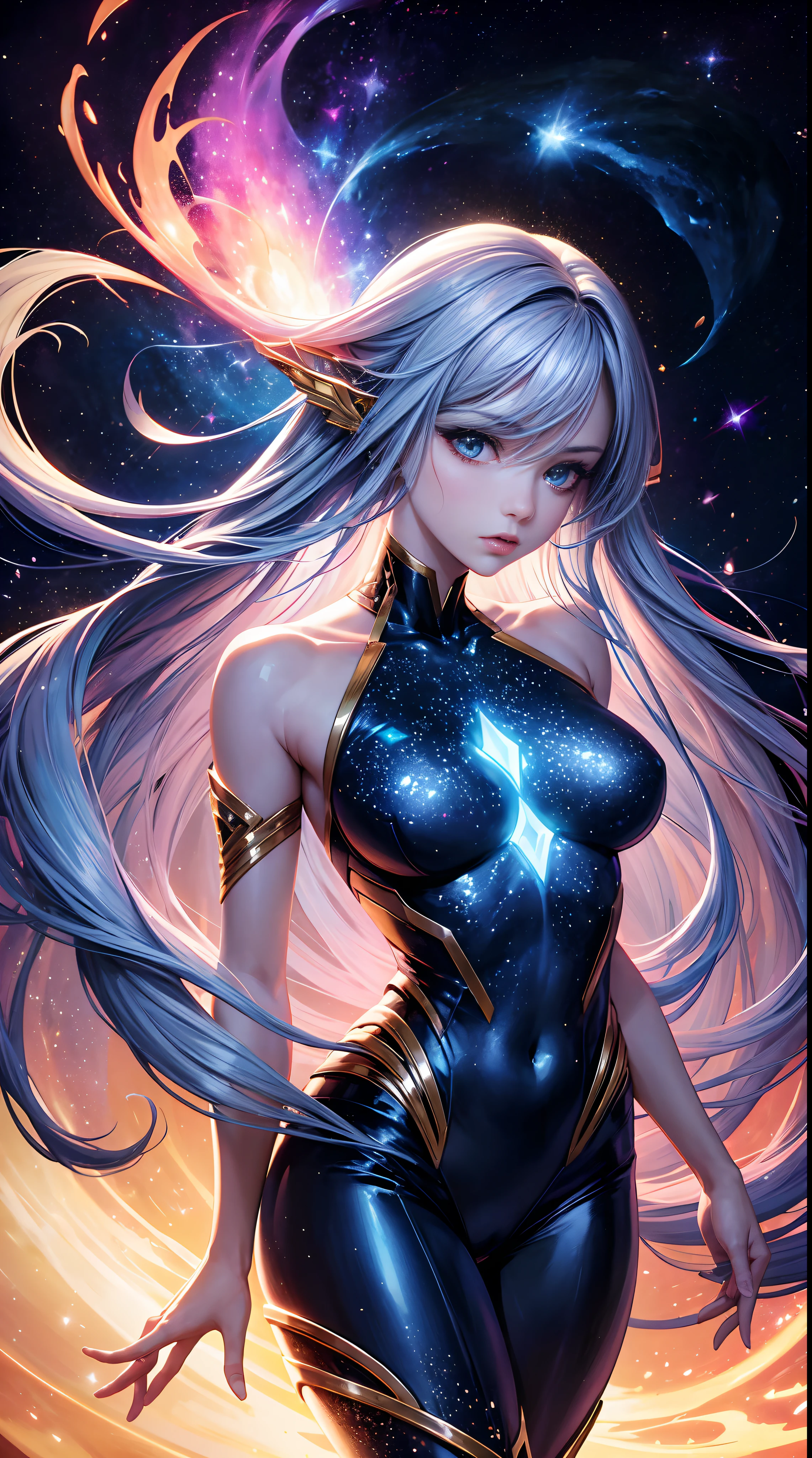 A epic beautiful and sexy cosmic entity woman with several galaxies running across her face and body in dc comics style