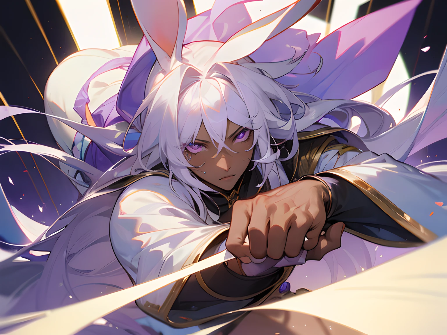 (masterpiece,HDR), 1man, best quality, expressive eyes, perfect face, dark skin, male viera, white bunny ears, handsome man, purple eyes, medium long white hair, detailed hands
