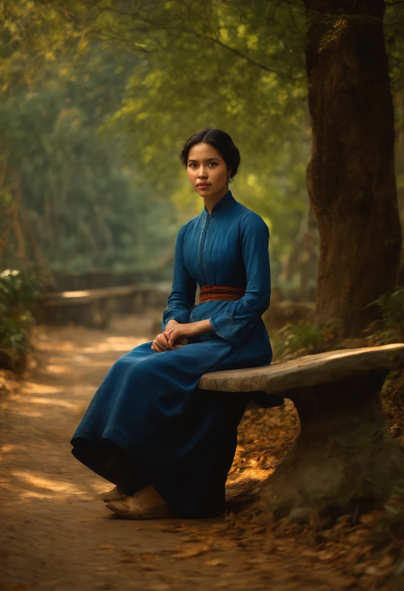 Painting of a young Vietnamese woman in blue Áo dài, Sitting on a bench in a wooded area, Eine junge Frau, Classical oil painting, von Jean Baptiste Camille Corot, young woman, Mihaly Munkacsy, inspired by Adolf Hirémy-Hirschl, William - Adolphe Bouguerea, junges Weibchen, Kizi, Young woman in a blue áo dài dress, Ron Hicks, warmer Fraben, Herbstsonne von hinten, colorful leaves on the trees, traurig, flush, sad smile, traurige Augen