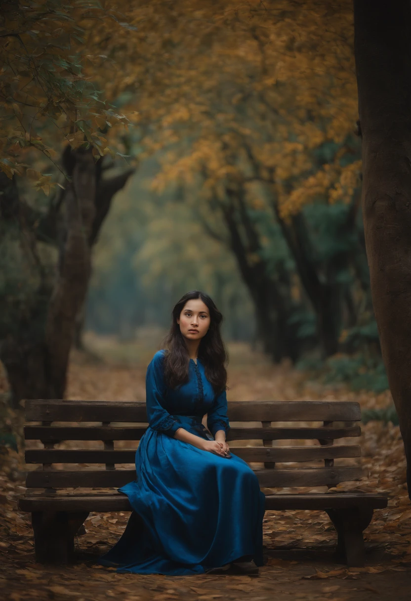 Painting of a young Vietnamese woman in blue Áo dài, Sitting on a bench in a wooded area, Eine junge Frau, Classical oil painting, von Jean Baptiste Camille Corot, young woman, Mihaly Munkacsy, inspired by Adolf Hirémy-Hirschl, William - Adolphe Bouguerea, junges Weibchen, Kizi, Young woman in a blue áo dài dress, Ron Hicks, warmer Fraben, Herbstsonne von hinten, colorful leaves on the trees, traurig, flush, sad smile, traurige Augen