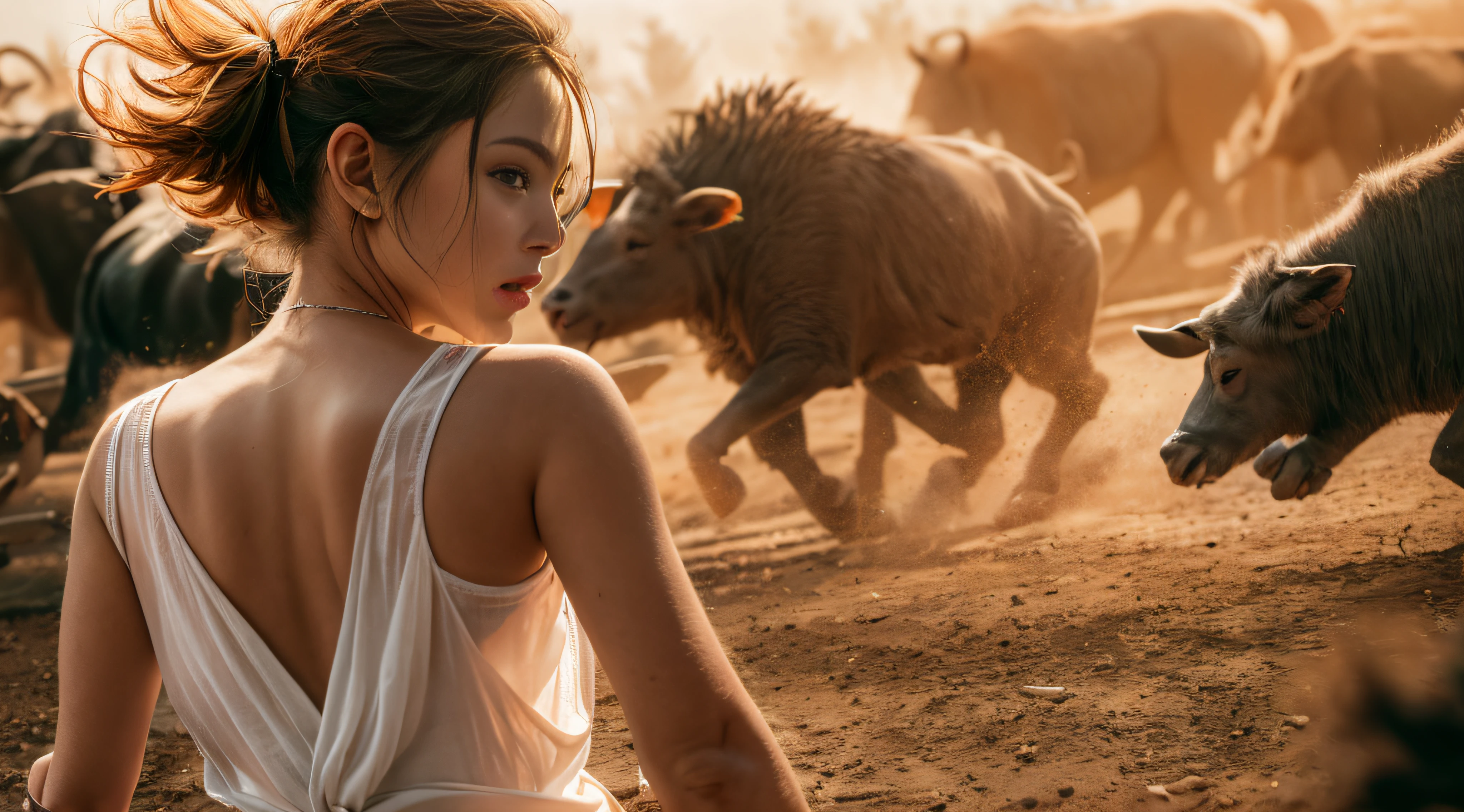 sunny mid day,She wore a short white slip dress,Run away on the road, Behind her, There is a large herd of beasts chasing, Flames and general destruction, The darkness of the Dark Ages,Medium shot,Cinematic light and shadow,8K clarity