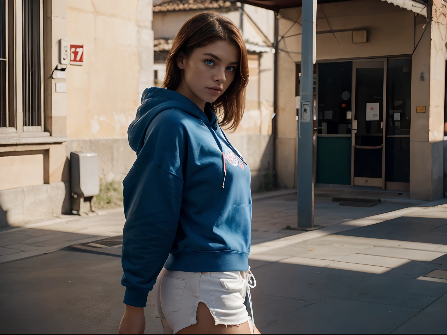 image split into 2, different angles: frontal, side view, dynamic angle photos, Stunning (((ginger girl))) messy hair, named Alessia Stanga, 17 years old, (((blue eyes))), large breast, wearing a (((XXXL large skate hoodie))) and red shorts, in Brescia, Brescia streets, hyper realistic Brescia background, toned down Hasselblad 500C/M, model poses, hyper detailed, ((natural skin texture:1.3)), (skin imperfections), film grain photo 1:3 2961950346
