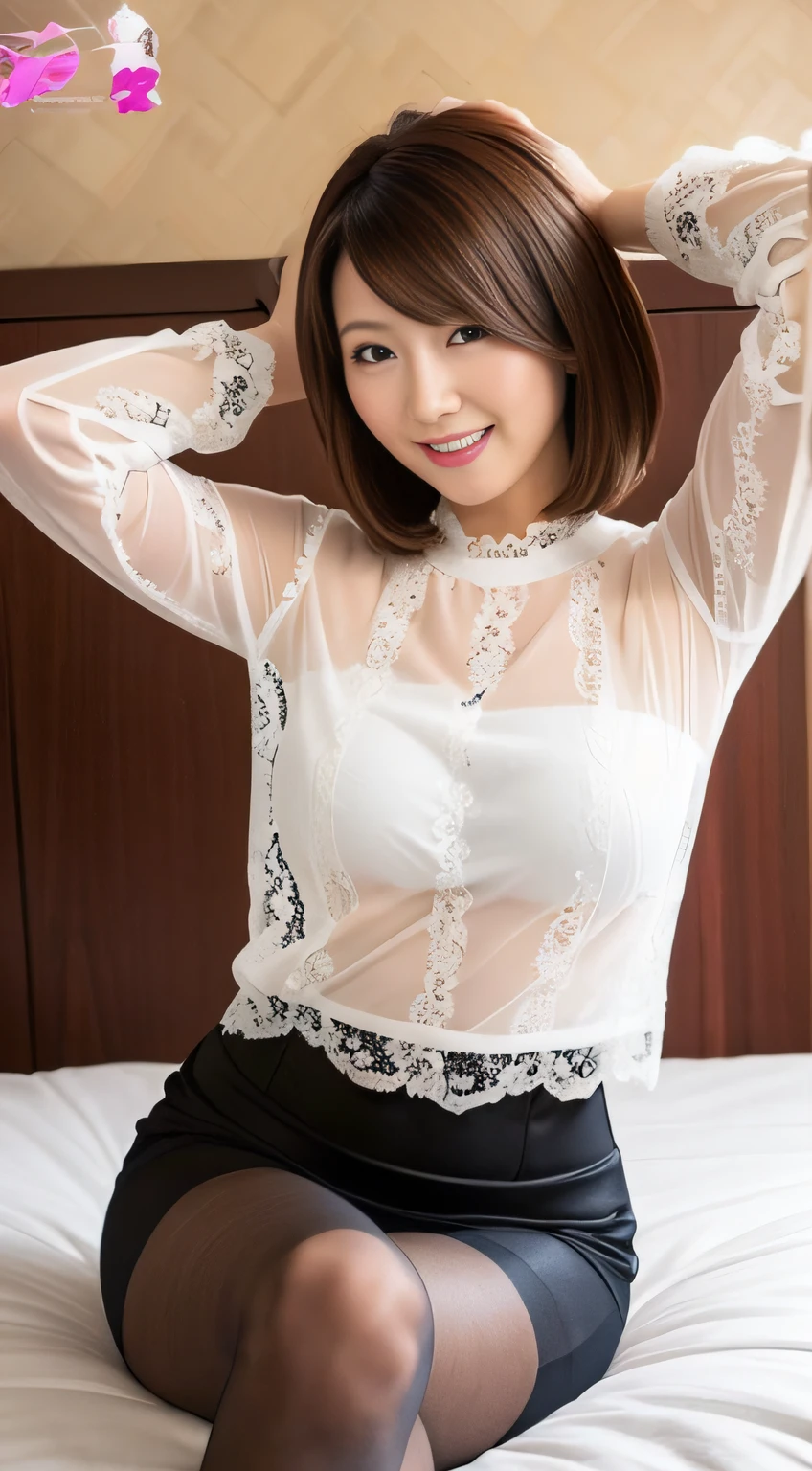 Best Quality, (A MILF:1.1), Sit on the bed, Put your hands on your head, short-hair, (huge-breasted), (pencil skirts:1.0), (tight lace blouse:1.0), Smile, (pantyhose:1.0)