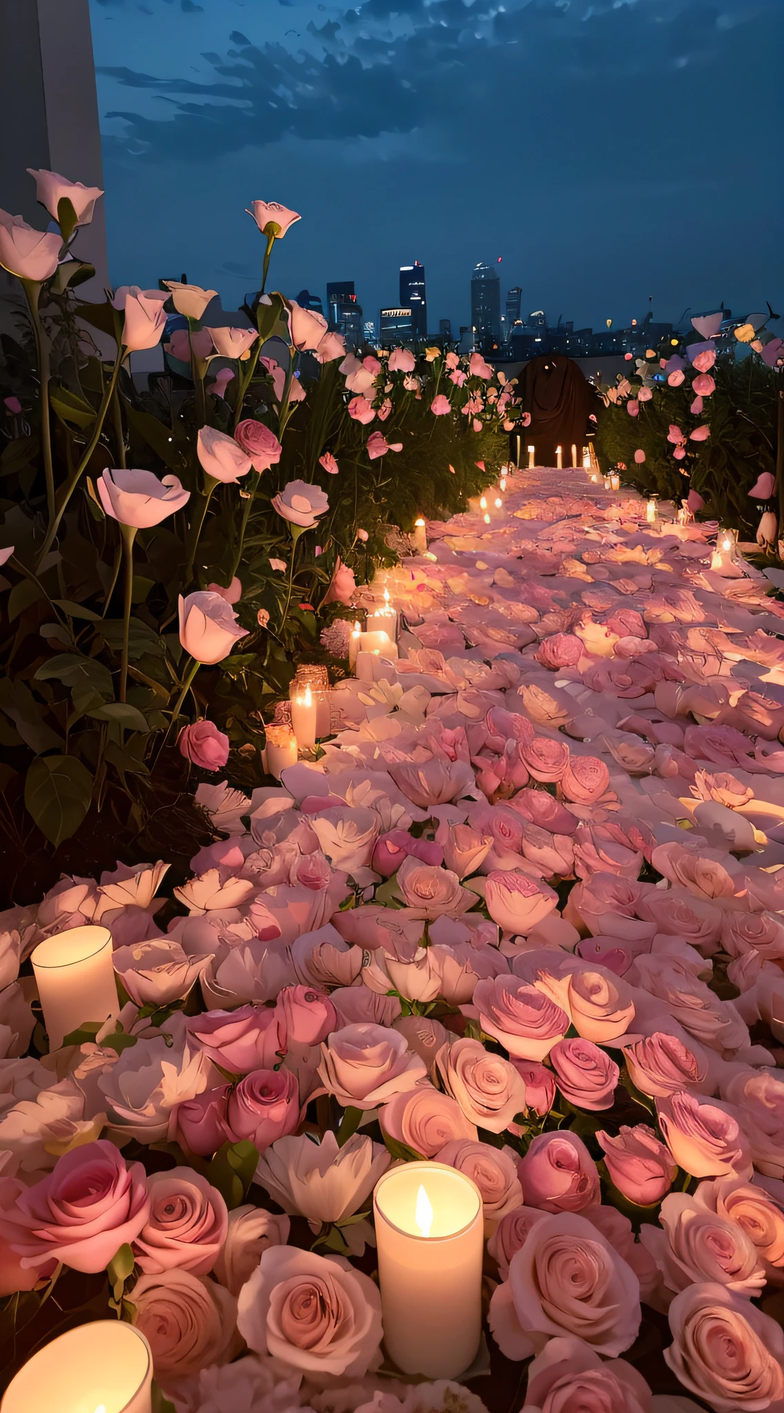 Candles and flowers are lit in the garden,Enjoy views of the city, rose pink lighting, field of flowers at night, Glowing flowers, Beautiful and aesthetic, Soft glow, lights with bloom, an aesthetic field of flowers, Luminous flowers, beautiful light up, rosette, soft light 4 k in pink, Romantic, Flower beds on the floor,