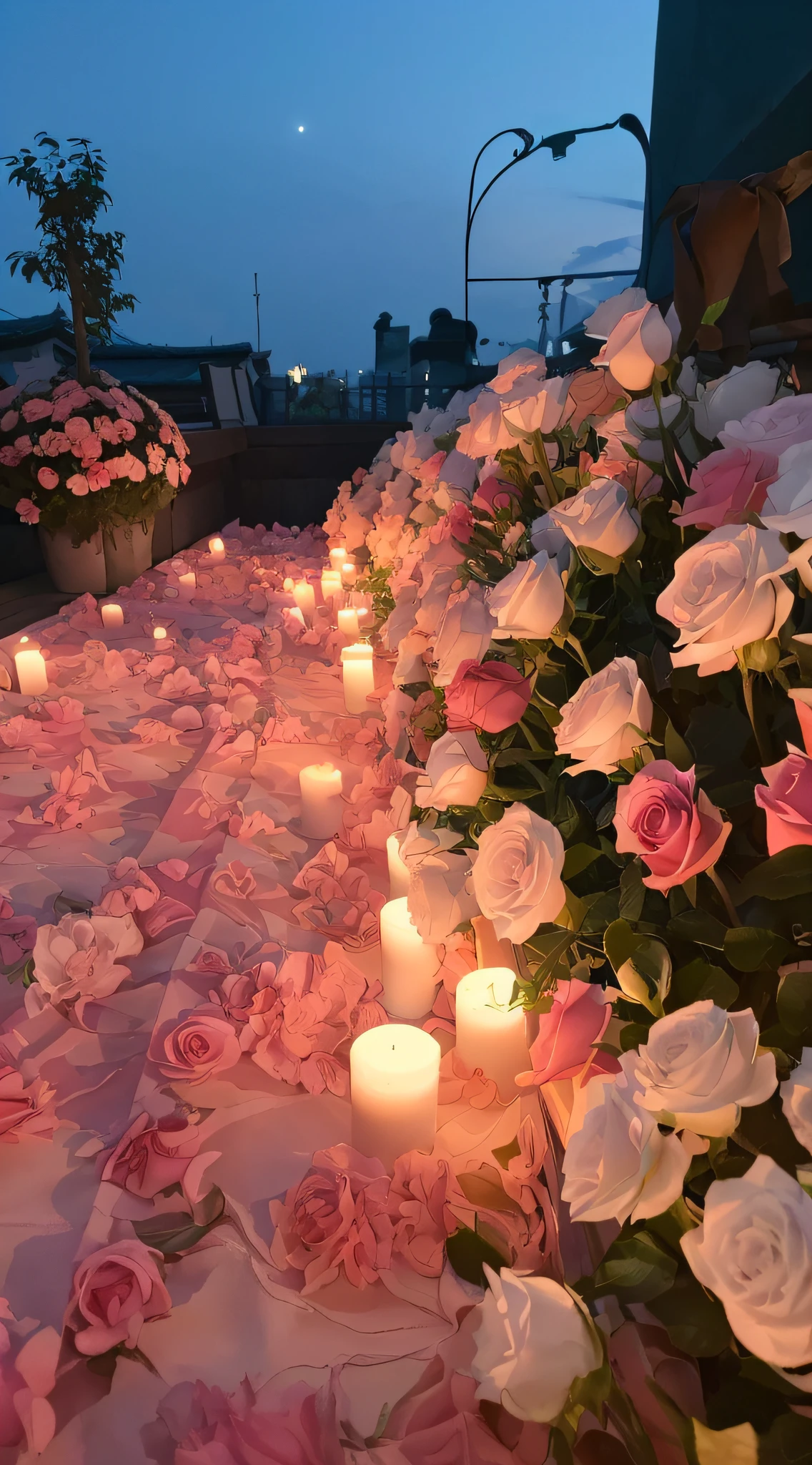 Light flowers and candles on the roof terrace in the evening, rose pink lighting, Romantic atmosphere, romantic motifs, rosette, Romantic, beautiful ambiance, beutifull, Soft glow, beautiful ambiance, rooftop romantic, beautiful light up, Flower beds on the floor, Glowing flowers, set in tokyo rooftop, big breasts beautiful, with soft pink colors, Luminous flowers, In the evening