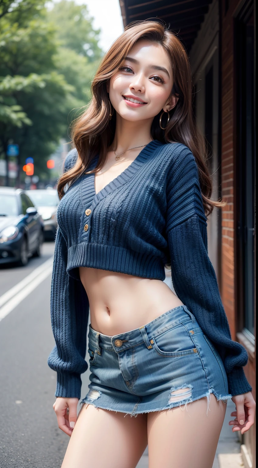 8K, masutepiece, Raw foto, Best Quality, Photorealistic, Wallpapers with extreme details CG Unity 8K, depth of fields, Cinematic Light, lensflare, Ray traching, (Extremely beautiful face, Beautiful lips, beautidful eyes), intricate detail face, ((Ultra Detail Skin)) 1girl in, (Korean model Kim Daun, Dhoni), (Korean model Kim Daun, Dhoni), (Korean model Kim Daun, Dhoni), (Korean model Kim Daun, Dhoni), (Korean model Kim Daun, Dhoni),1 girl, ((look up at viewer)),(huge smile:1.3), (blured background), A glimmer of light), (No people in the background.:1.3), Beautiful earrings, Clear eyes, Front shot, (pale-skinned), (Big eyes), (Big eyes) (Big eyes), (Big eyes), (Big eyes), Facing forward, (Full body shot), (ligh brown hair), Open the navel............, (look up at viewer:1.3), small hips, small hips,small hips, a slender waist, small hips, ((wide open abdomen))、((open abdomen))、((wide open navel))、((open navel))、((Bare belly))、((Mid-Riff Sweater))、((Ultra-low rise、Denim Mini Skirt))、 ((Navel Ejection))、((small hips))、((Full body depiction))、((small hip))、(boots)、((Ultra-low rise))、 ((Denim Mini Skirt))、((is standing))、