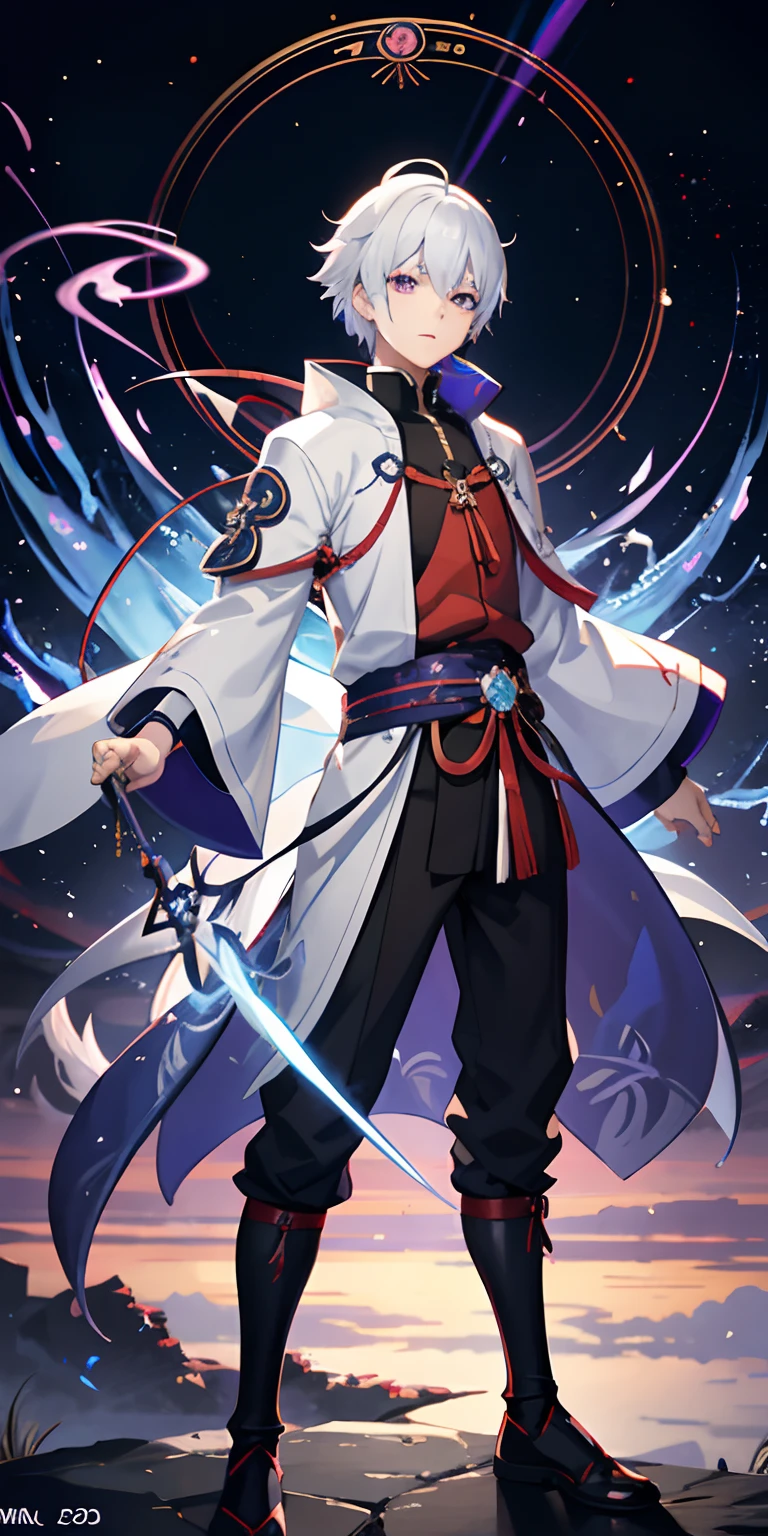 15-year-old boy, Japanese-style clothing, white hair, purple eyes, magic circle, blue fire, blue flames, wallpaper, landscape painting, blood splatter, depth of field, nightlife, light particles, ray of light, side lighting, thighs, characters from the Fate series, impact from Genshin Impact, Robes, clouds