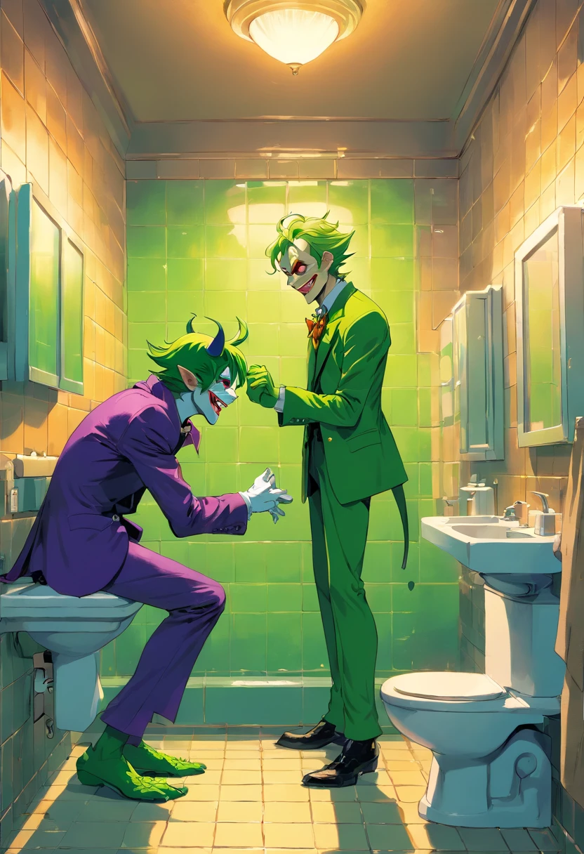 Joker and green goblin holding hands in a Gotham bathroom while peeing
