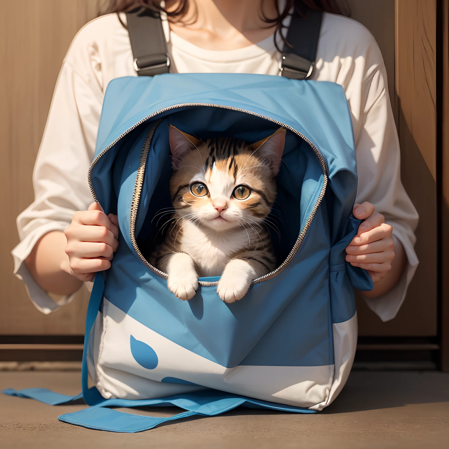 A Sanhua kitten obediently poked its head out of the cloth bag