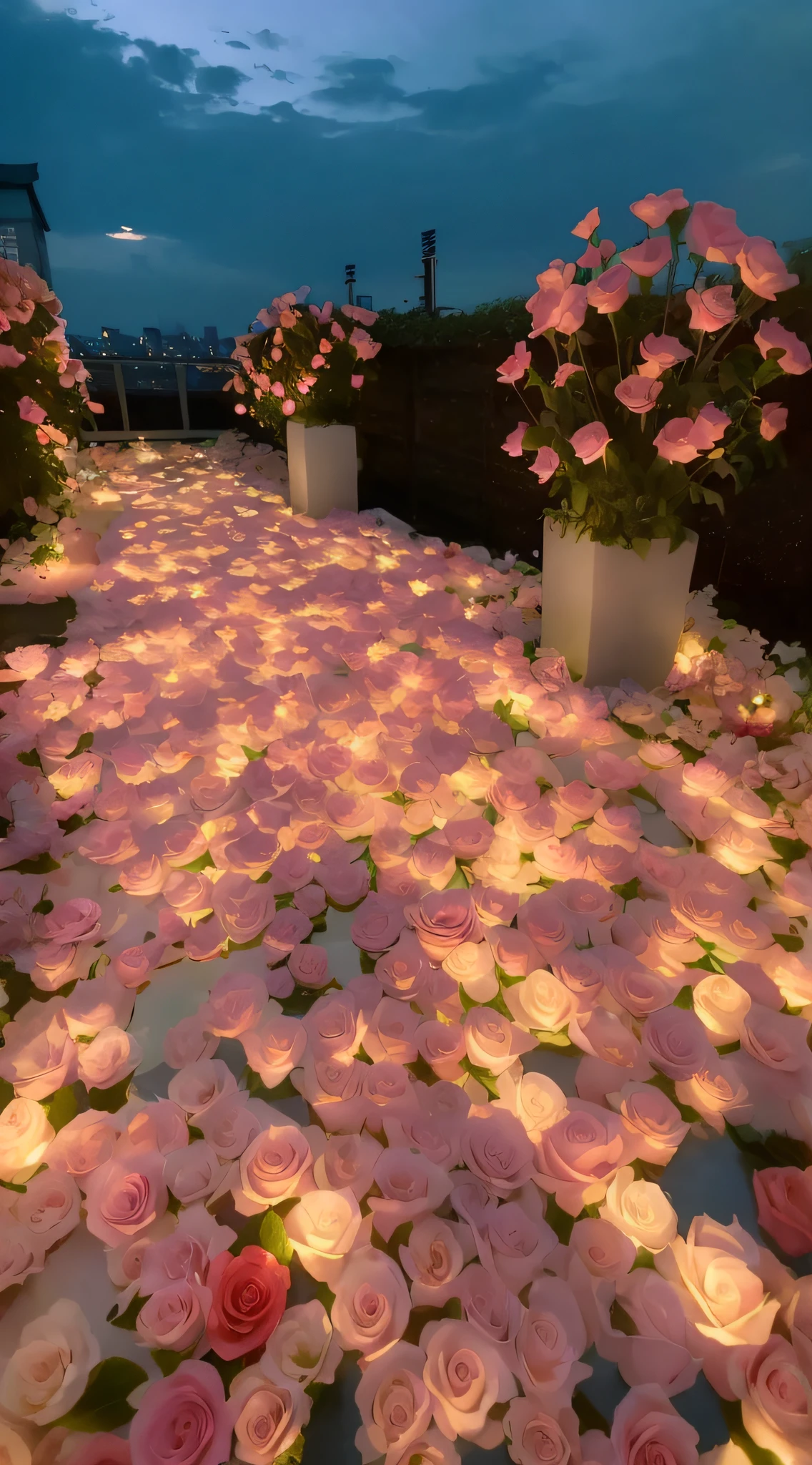 Flowers float in pools，waxy candles, Flower beds on the floor, rose pink lighting, lights with bloom, Glowing flowers, portal made of roses, Luminous flowers, field of flowers at night, soft bloom lighting, Floating lights, Soft glow, set in tokyo rooftop, romantic motifs, beautiful light up, well-illuminated, floating candles