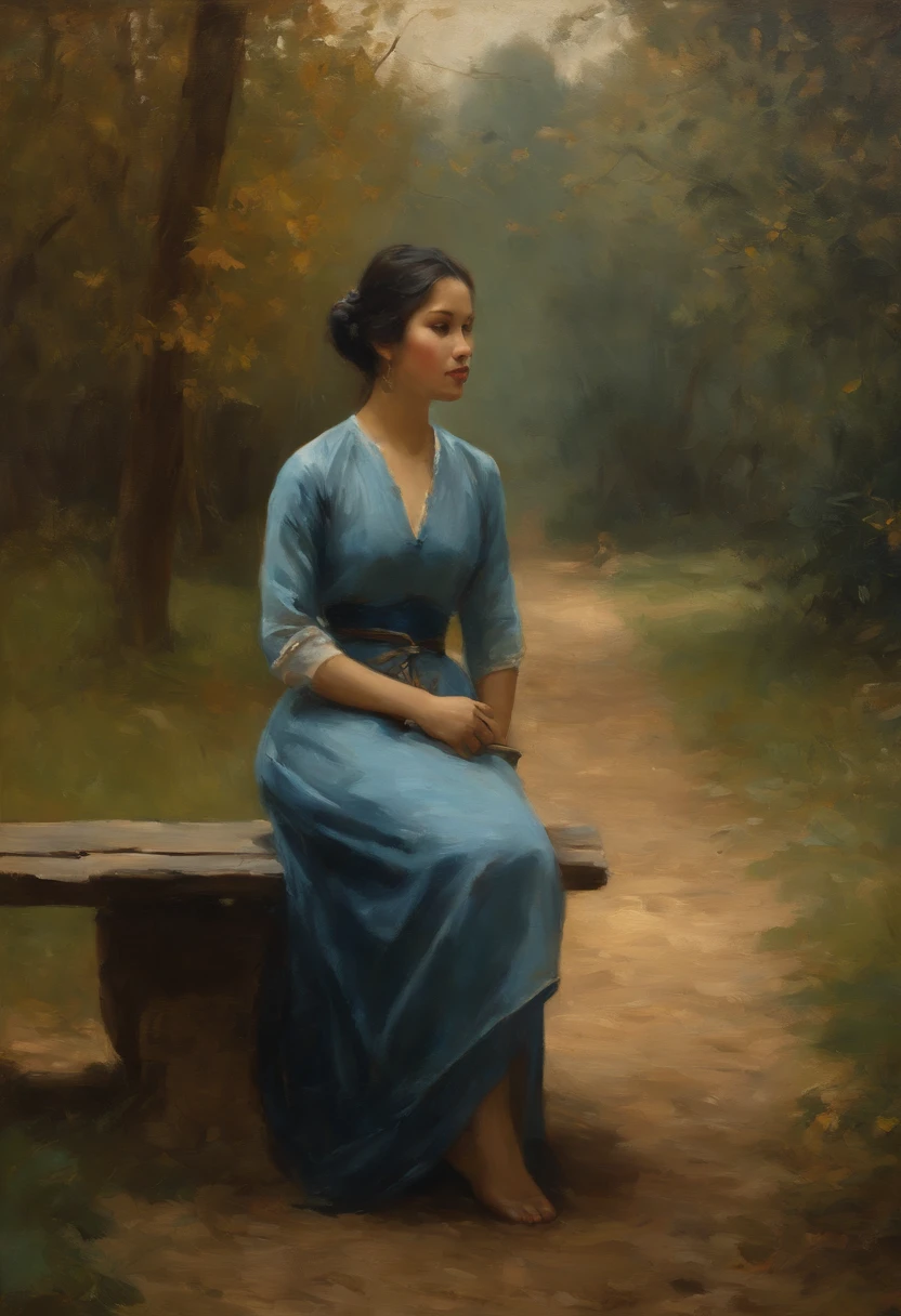 Painting of a young Vietnamese woman in blue Áo dài, Sitting on a bench in a wooded area, Eine junge Frau, Classical oil painting, von Jean Baptiste Camille Corot, young woman, Mihaly Munkacsy, inspired by Adolf Hirémy-Hirschl, William - Adolphe Bouguerea, junges Weibchen, Kizi, Young woman in a blue áo dài dress, Ron Hicks, Warmer Colors, (warme Herbstsonne von hinten), Licht und Schatten, helles Gesicht, colorful leaves on the trees, traurig, flush, sad smile, Traurige Augen