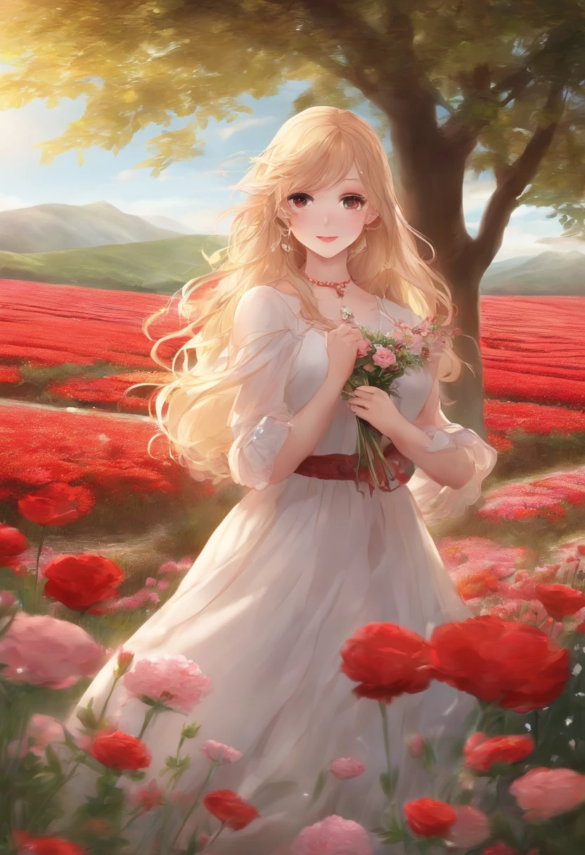 Wavy blonde、red eyes、Beautiful girl alone、独奏、animesque、Have a bouquet、doress、flower field、a smile