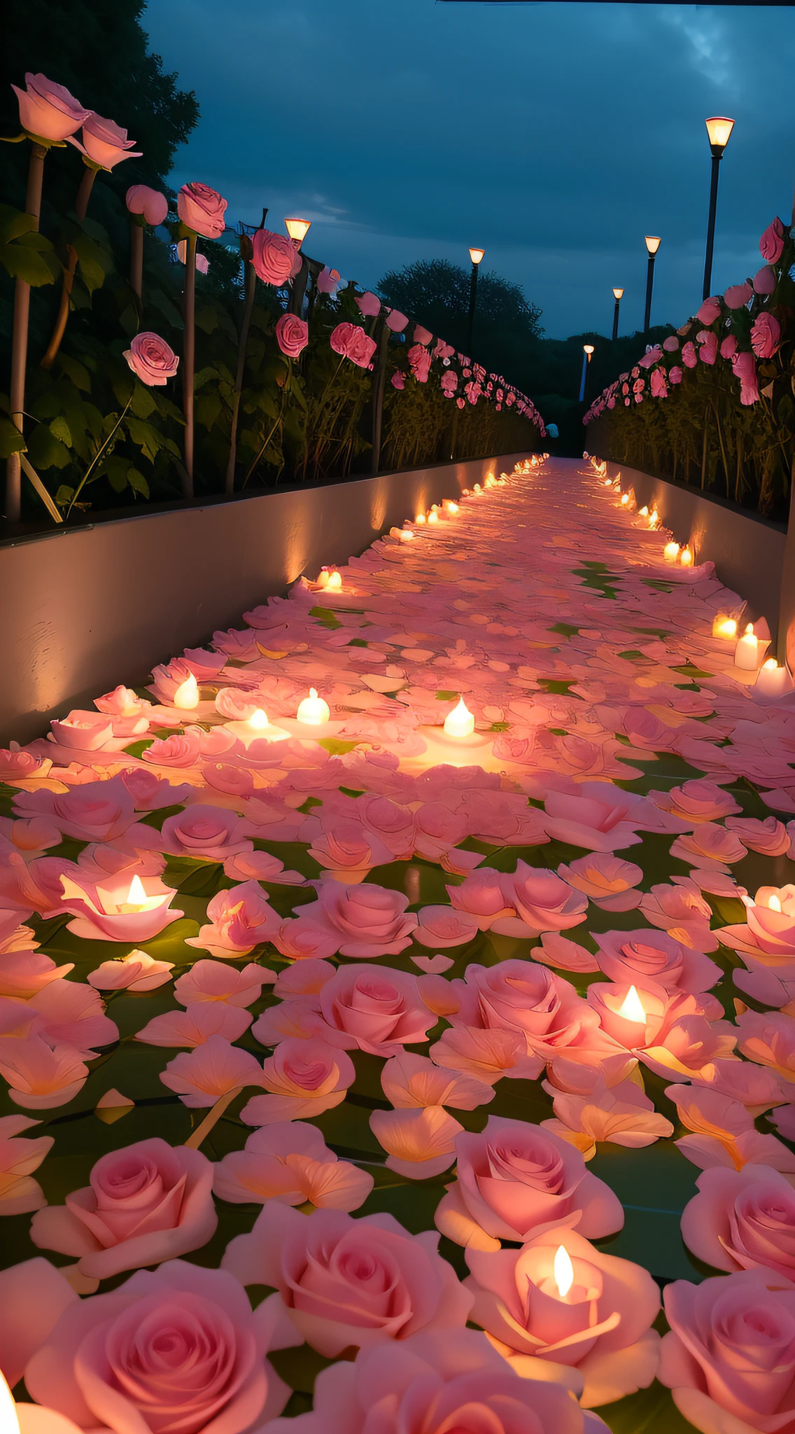 Flowers float in pools,waxy candles, rose pink lighting, Glowing flowers, Flower beds on the floor, walking down, romantic motifs, Soft glow, portal made of roses, beautiful light up, Luminous flowers, beautiful aesthetic, Romantic, In the evening, Large rose petals, field of flowers at night, rosette, beautifully lit, rosses, Rose garden