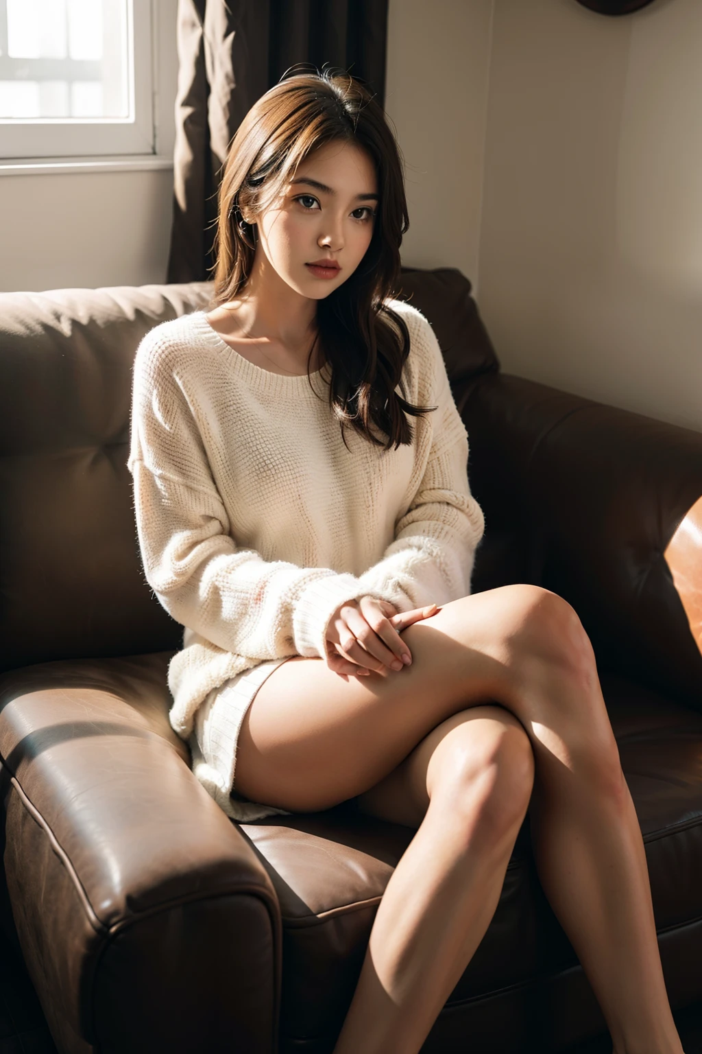 1girl,sitting on a cozy couch,crossing legs,soft light