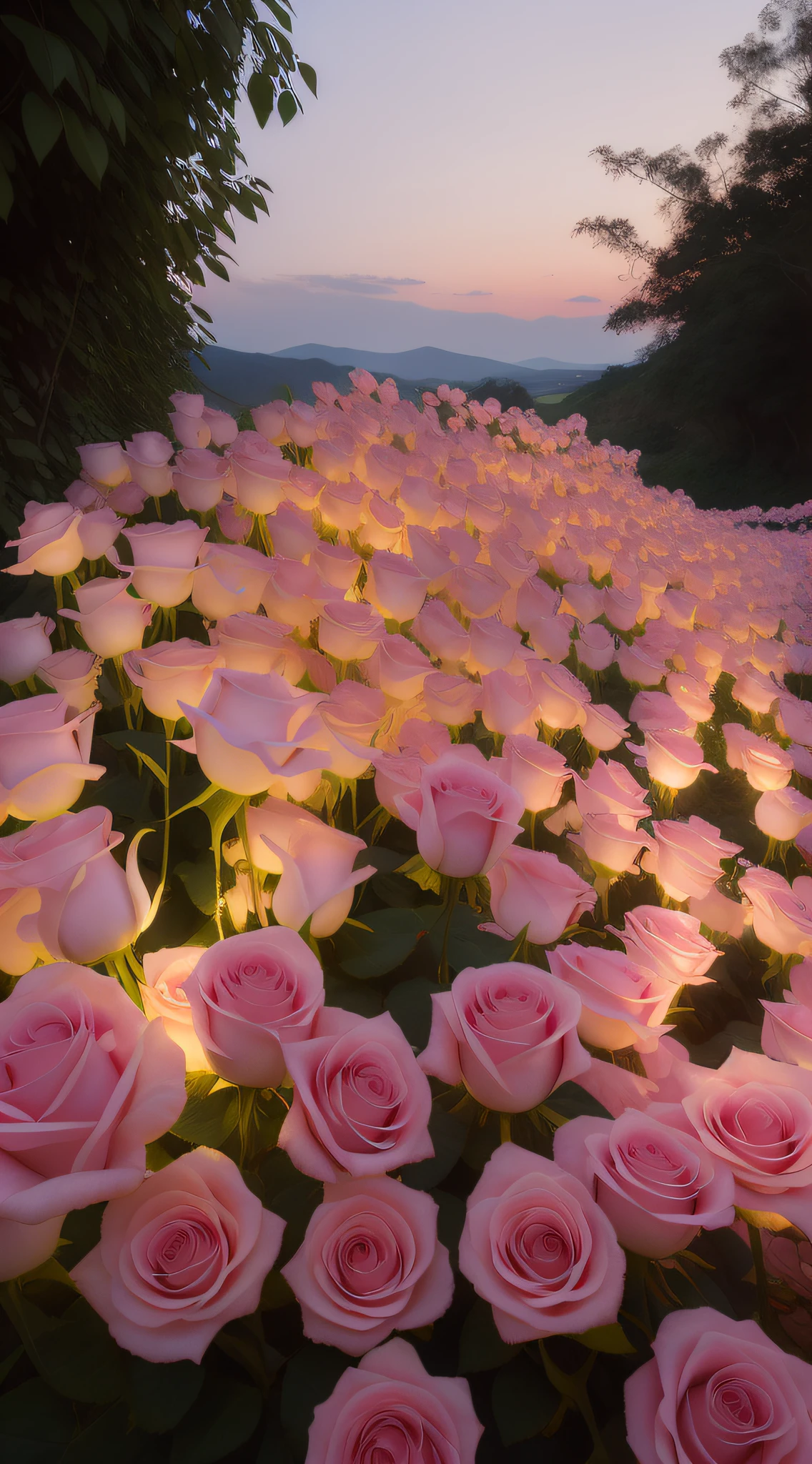 There are a lot of pink roses in the fields，A bird in the background, roses in cinematic light, soft light 4 k in pink, Glowing flowers, an aesthetic field of flowers, Beautiful and aesthetic, melanchonic rose soft light, rose pink lighting, realistic scene, Luminous flowers, beautifully soft lit, field of flowers at night, Soft glow, at gentle dawn pink light