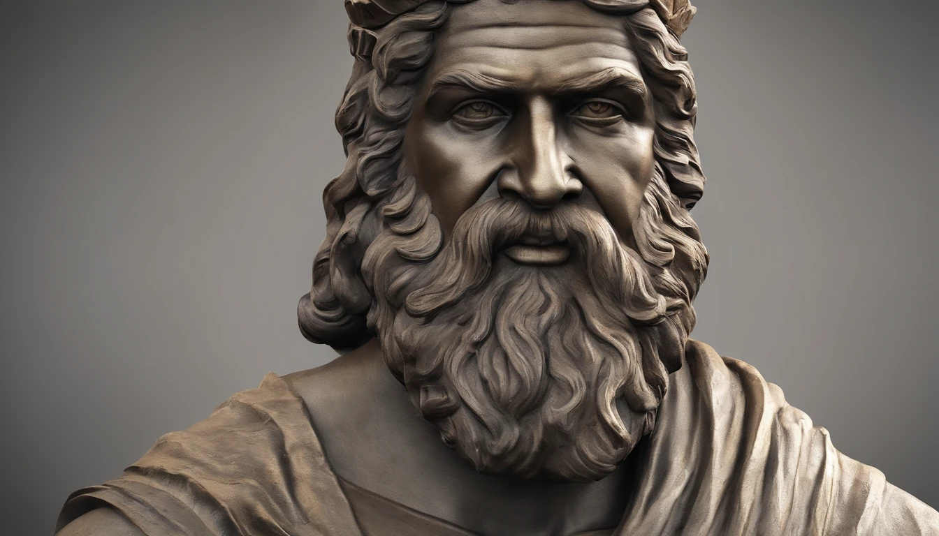 Statue of Greek philosophy with beard and muscles, cinemactic, 8k, fundo escuro, Detailed symmetrical realistic face, textura natural extremamente detalhada, peach fluff, short hair, master part, Absurdo, foto premiada por lee jeffries, Nikon Film Stock D850 Fotografia, kodak portra 400 camera f1.6 lentes, extremamente detalhado, Amazing, detalhes finos, cores ricas, textura hiper realista, dramatic lighting, UnrealEngine, trending on ArtStation, cinestill 800 tungsten, Olhando para o Viewer, Realistic photo, Foto RAW , TanvirTamim, alta qualidade, high resolution, foco nítido, extremamente detalhado, Cinematic lighting, 8k UHD,