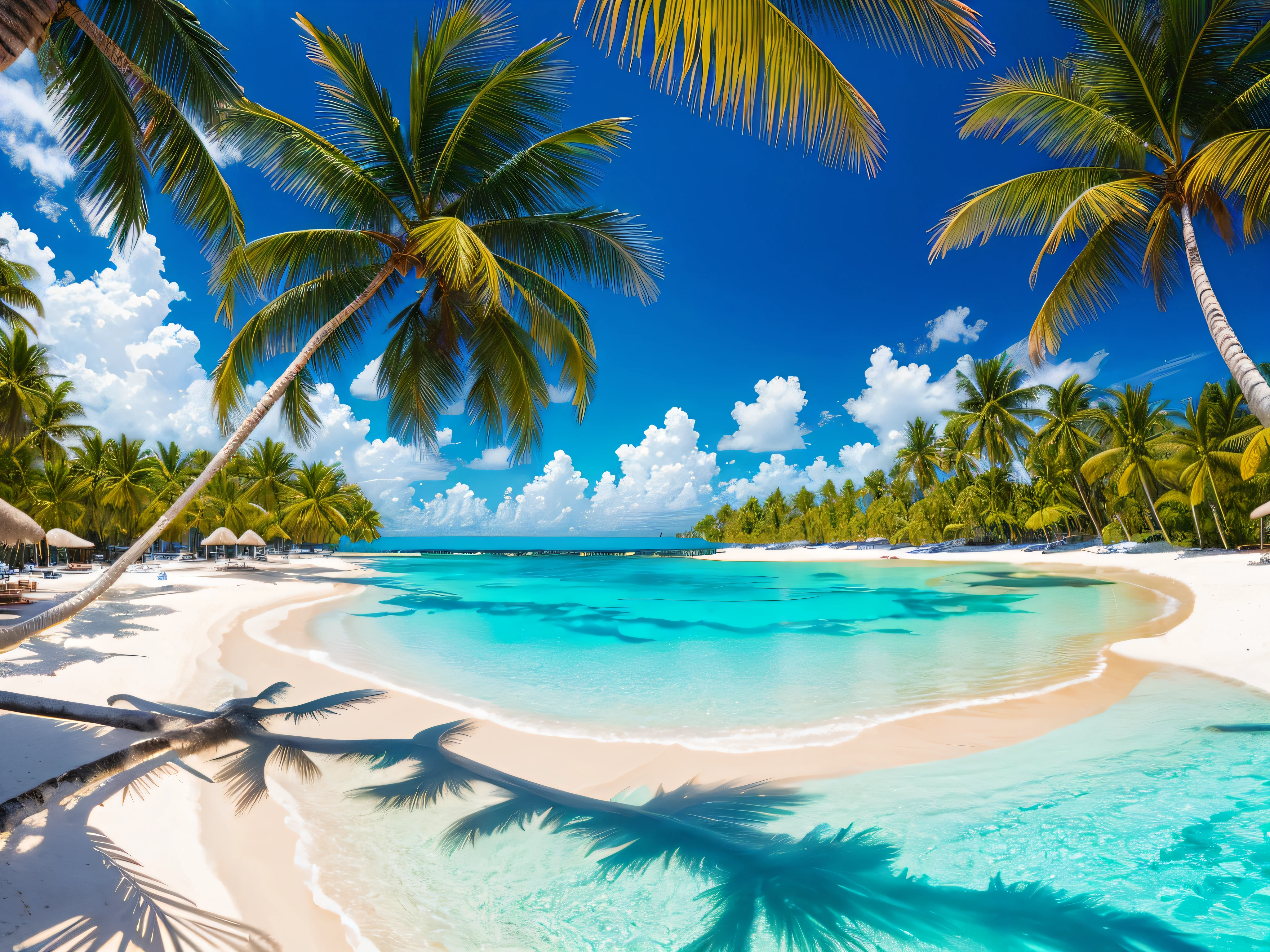 Tropical Paradise Beach: White sandy beaches, palm trees swaying in the breeze, crystal-clear turquoise waters, and vibrant marine life.