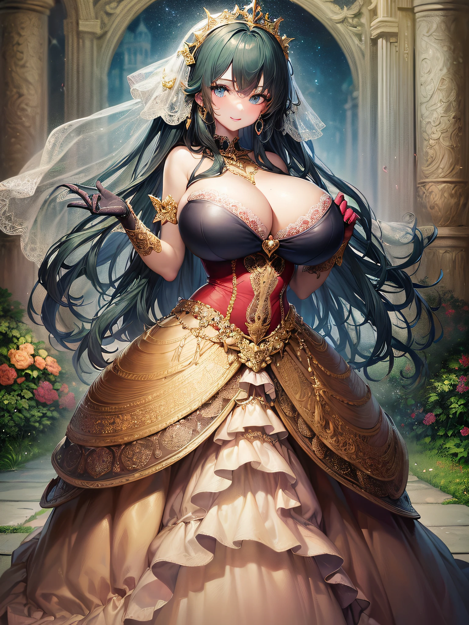 ((anime artstyle)),(Masterpiece),(Best Quality), (Super Detail),(Highly Detailed CG Unity 8k wallpaper),((Very Delicate and Beautiful)),cinematic lighting,1 girl,((full body portrait)),((standing in garden)),((solo)),(((1 fairytale princess in gorgeous embroidery and jeweled extremely gorgeous rococo princess ballgown with voluminous full length hoop skirt))),an hourglass waist,padded and corseted bodice,(((huge crinoline hoopskirt))),long train,((gorgeous embroidery and jeweled)),voluminous frills,See-through,(((extremely gigantic tits,skindentation))),cleavage,((absurdly Long Straight Hair,extremely voluminous Straight long Hair,absurdly Long Straight Hair)),(finely detailed face and eyes),(Blush,Smile),clear pupil,extremely gorgeousfull hair ornament,(bling-bling jeweled extremely gorgeousfull tiara),((bling-bling gorgeous gemstone jewelry)),gorgeous long veil,((ultra long gloves)),(beautiful background),(full body),((gorgeous embroidery and jeweled extremely gorgeous rococo princess ballgown with voluminous full length hoop skirt))