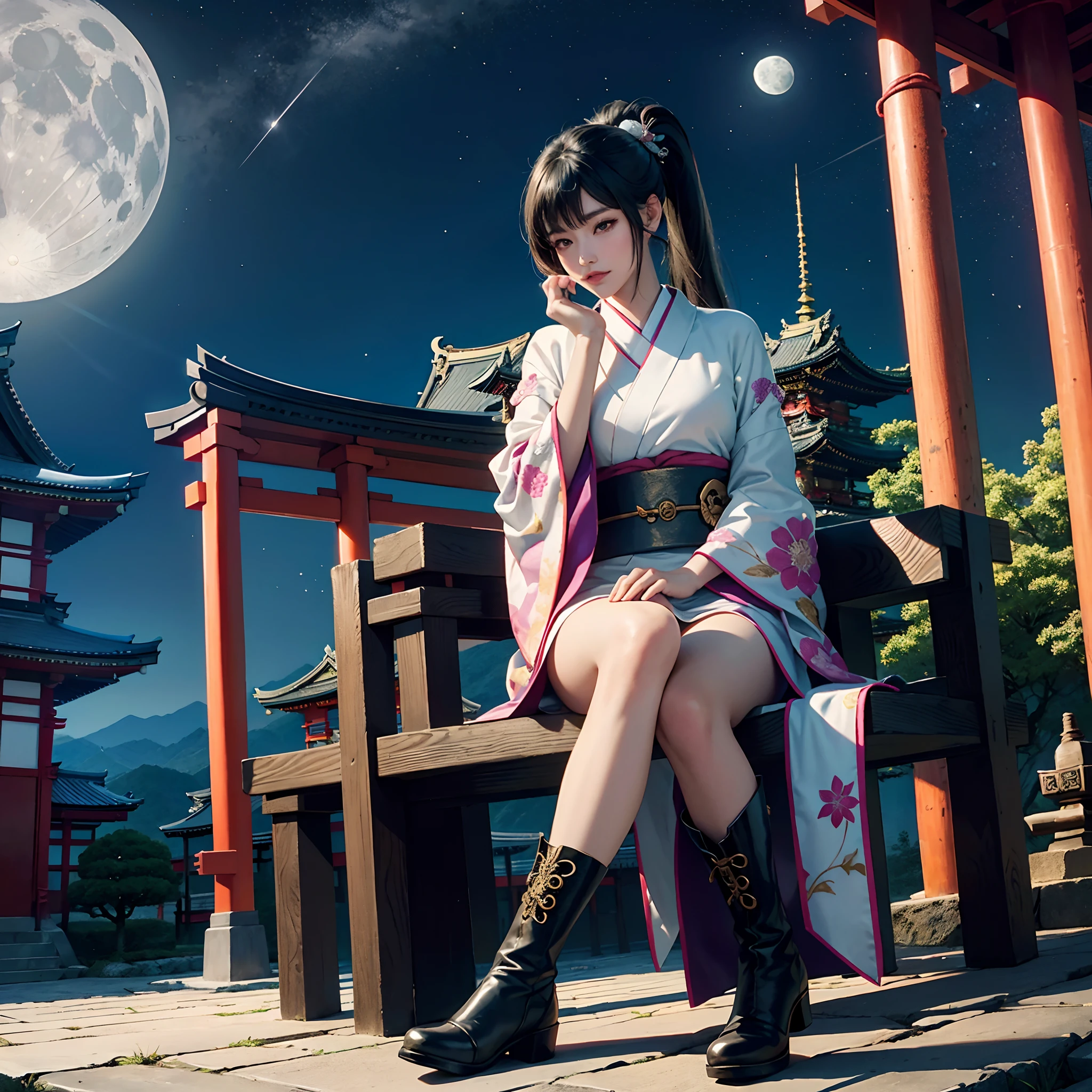 Cyberpunk style,BRAEK,Background of details(Temples and shrines in Kyoto(natta,Moon)),BREAK,elaborate costume{Luxury kimono(Colorful kimono(detailed embroidery)(Wearing leather boots))},Sitting on a bench,1womanl(Japanese actressl:1.2)(face perfect(Shy):1.2),Depicting a beautiful and classy adult woman,glossy dark hair(poneyTail),Heart in the eye, Wallpapers 16K,Blur the background with a sickle,((masutepiece)), ((Best Quality)),{{a portrait photo of}},full body Esbian