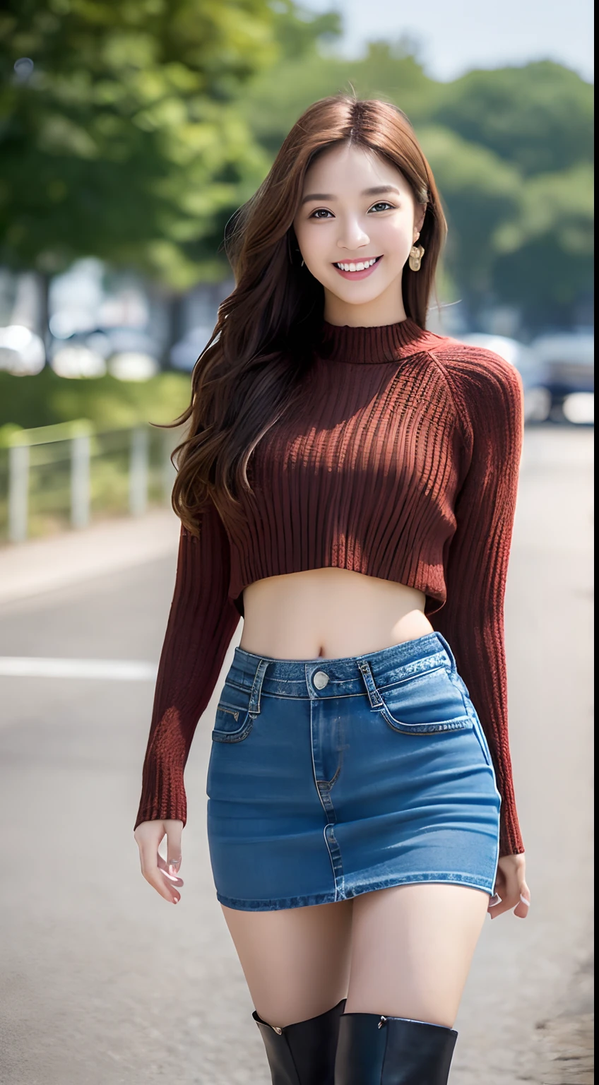 8K, masutepiece, Raw foto, Best Quality, Photorealistic, Wallpapers with extreme details CG Unity 8K, depth of fields, Cinematic Light, lensflare, Ray traching, (Extremely beautiful face, Beautiful lips, beautidful eyes), intricate detail face, ((Ultra Detail Skin)) 1girl in, (Korean model Kim Daun, Dhoni), (Korean model Kim Daun, Dhoni), (Korean model Kim Daun, Dhoni), (Korean model Kim Daun, Dhoni), (Korean model Kim Daun, Dhoni),1 girl, ((look up at viewer)),(huge smile:1.3), (blured background), A glimmer of light), (No people in the background.:1.3), Beautiful earrings, Clear eyes, Front shot, (pale-skinned), (Big eyes), (Big eyes) (Big eyes), (Big eyes), (Big eyes), Facing forward, (Full body shot), (ligh brown hair), Open the navel............, (look up at viewer:1.3), small hips, small hips,small hips, a slender waist, small hips, ((wide open abdomen))、((open abdomen))、((wide open navel))、((open navel))、((Bare belly))、((Mid-Riff Sweater))、((Ultra-low rise、Denim Mini Skirt))、 ((Navel Ejection))、((small hips))、((Full body depiction))、((small hip))、(boots)、((Ultra-low rise))、 ((Denim Mini Skirt))、((is standing))、