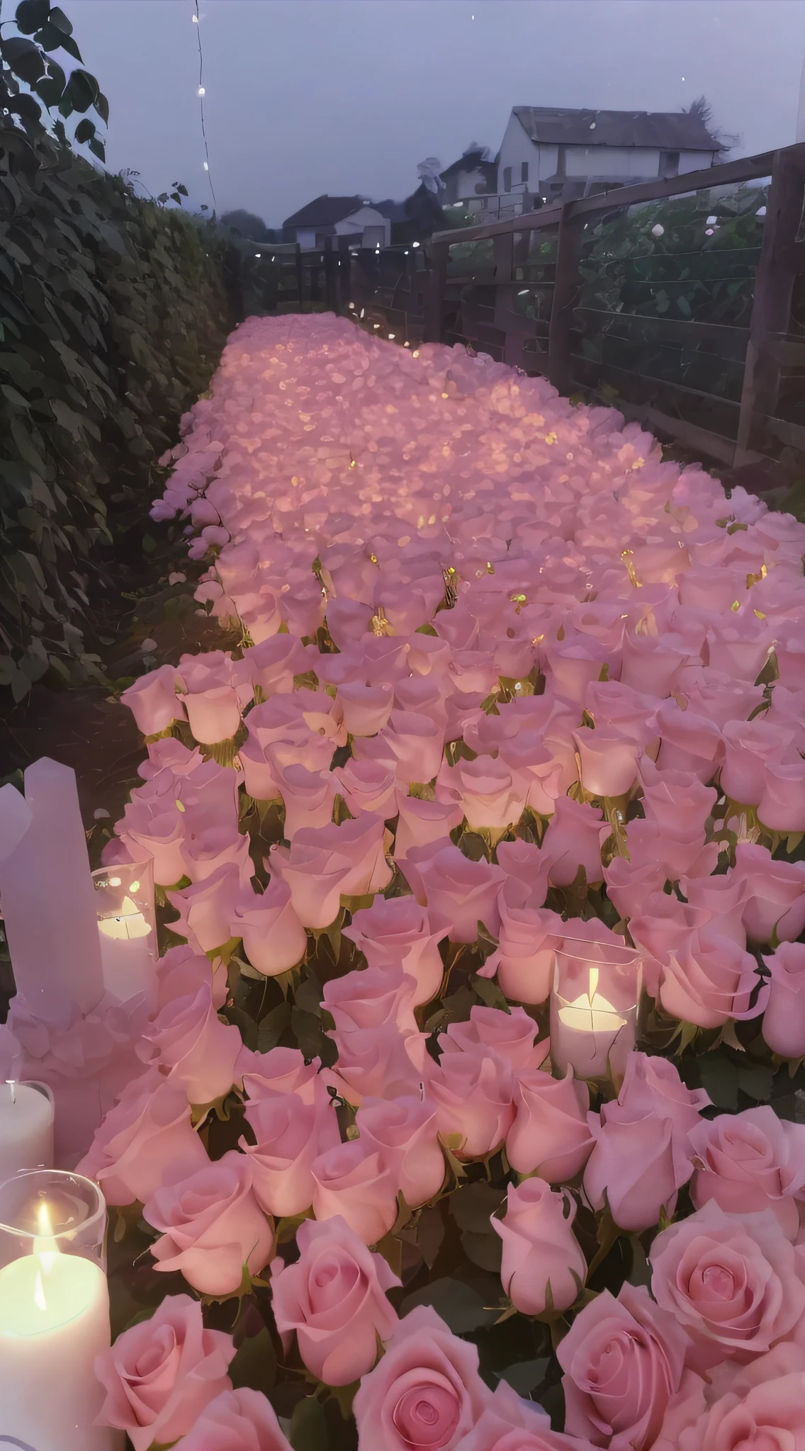 There are many pink roses in the fields with candles, rose pink lighting, Glowing flowers, it is glowing, Soft glow, lights with bloom, beautiful light up, Luminous flowers, soft light 4 k in pink, Flower beds on the floor, In the evening, melanchonic rose soft light, roses in cinematic light, lots of sunlight, with soft pink colors