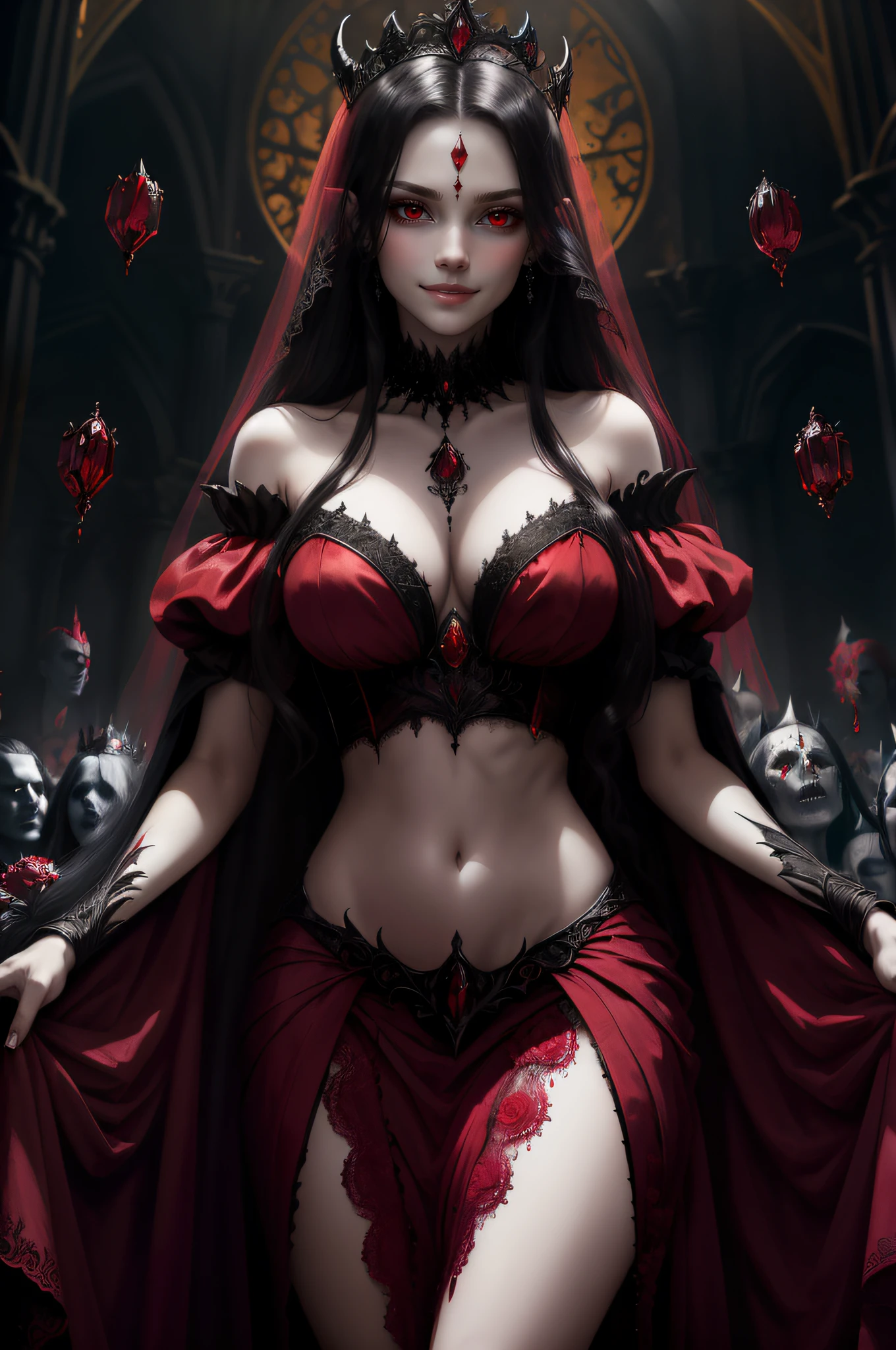 photo of a vampire queen, blood droplets, blood soaked hair, ruby tiara, lace dress, alluring, yellow eyes, dark shadows, intensity, insanity, 8k, high quality, intricate details, midriff exposed, glowing eyes, smirking