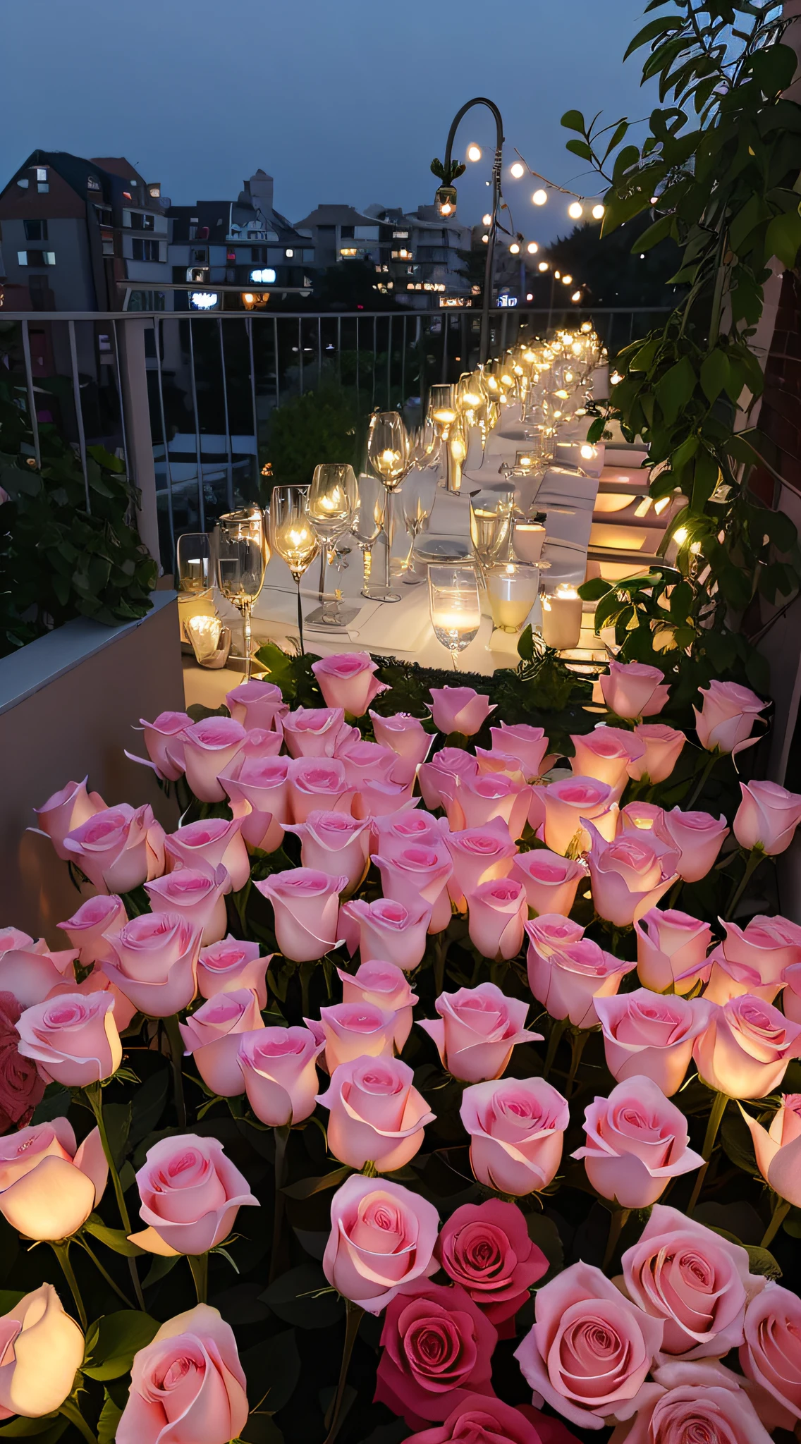 Light up flowers on the balcony in the evening, Luminous flowers, rose pink lighting, Glowing flowers, roses in cinematic light, Soft glow, In the evening, lights with bloom, beautiful light up, field of flowers at night, Romantic, big breasts beautiful, rosette, shot with sony alpha 1 camera, taken with a pentax k1000