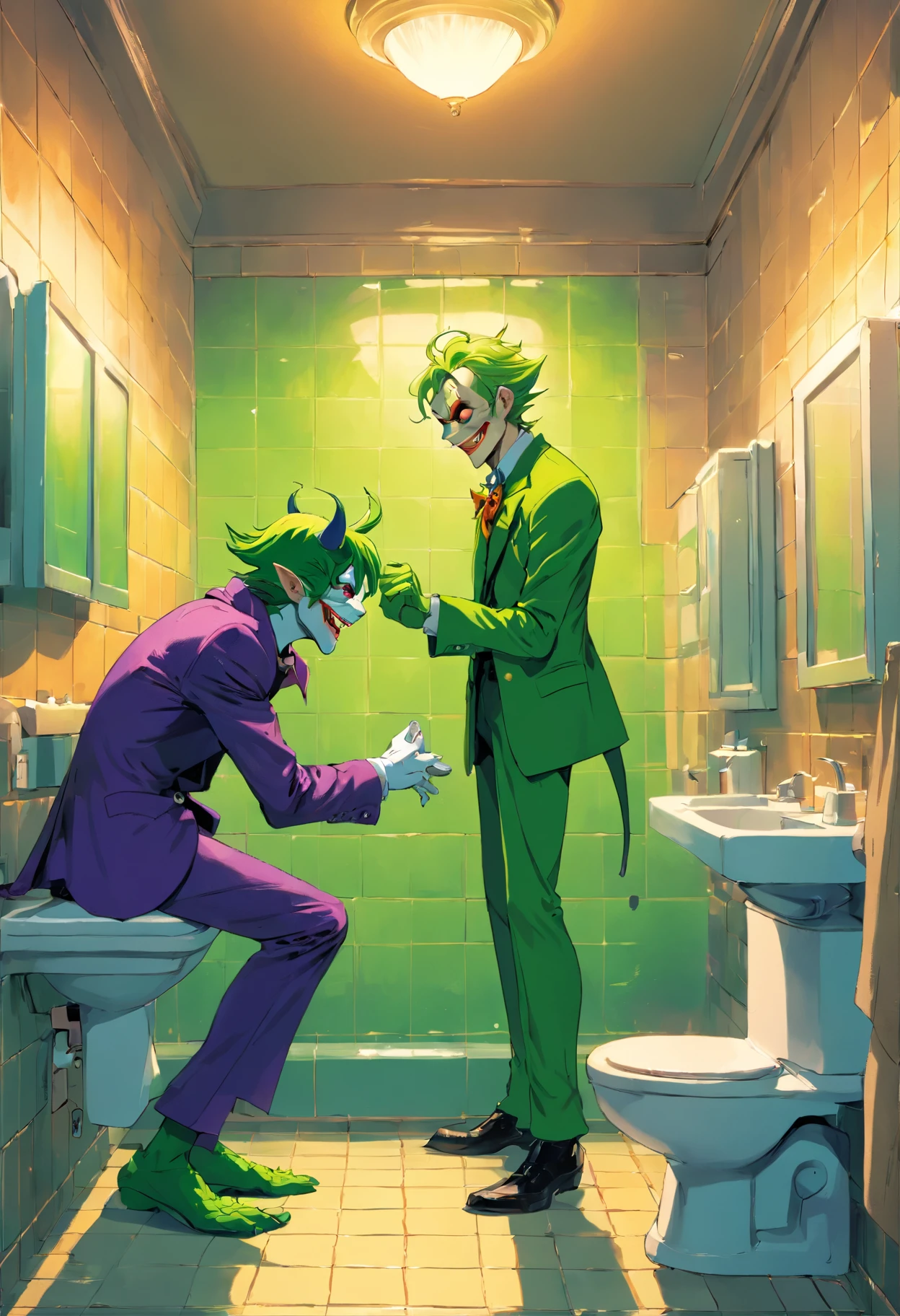 Joker and green goblin holding hands in a Gotham bathroom while peeing
