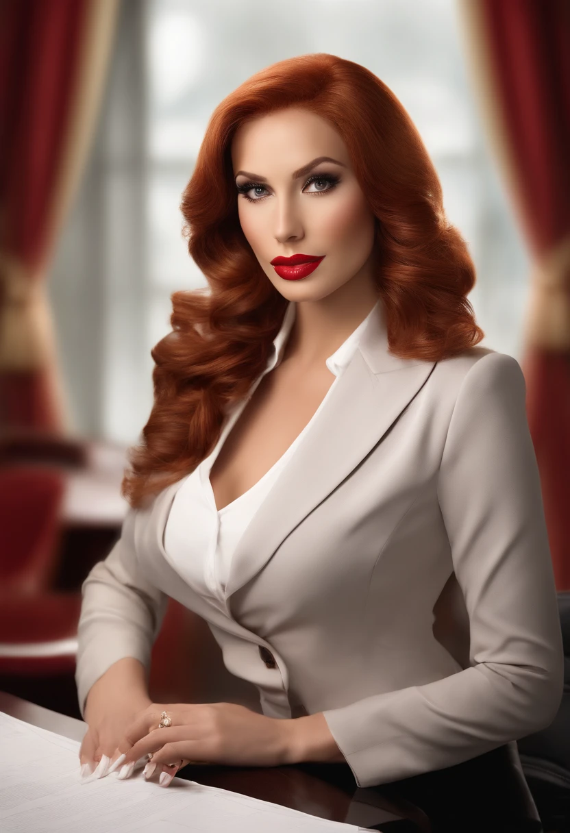 Red-haired secretary wearing suntan pantyhose and white high heels, showing off her toned and shapely legs [beautiful detailed legs]. The secretary has a confident and alluring gaze [intense gaze], accentuated by her beautifully applied makeup and long, curled eyelashes [beautiful detailed eyes]. Her luscious, plump lips are painted a bold shade of red [beautiful detailed lips]. She is dressed in a form-fitting, professional outfit that accentuates her curves [sophisticated attire]. The scene is set in a modern office, with sleek furniture and large windows that allow natural light to filter in [sunlit office]. The overall image quality is of the highest caliber, with ultra-detailed rendering [best quality, highres:1.2]. The artistic style leans towards a combination of realistic and portrait elements, capturing the secretary's allure with precision [realistic portraits]. The color palette is rich and vibrant, with warm tones of red and brown that complement the secretary's hair and outfit [rich warm colors]. The lighting is soft and gentle, casting a flattering glow on the secretary and enhancing the atmosphere of elegance and sophistication [soft flattering lighting].