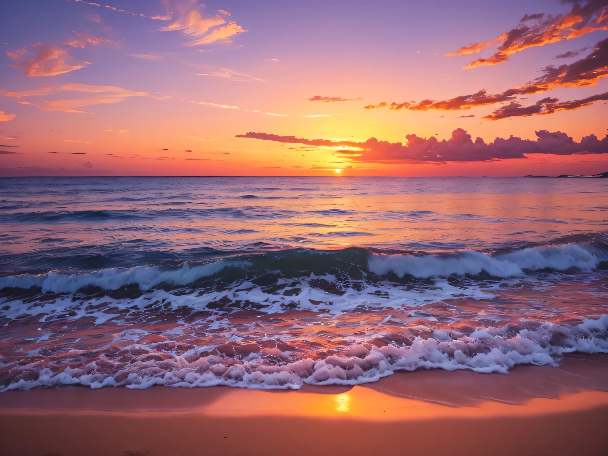 Sunset Serenity Beach: A tranquil beach setting with a breathtaking sunset painting the sky in hues of orange and pink, reflecting on calm waters.