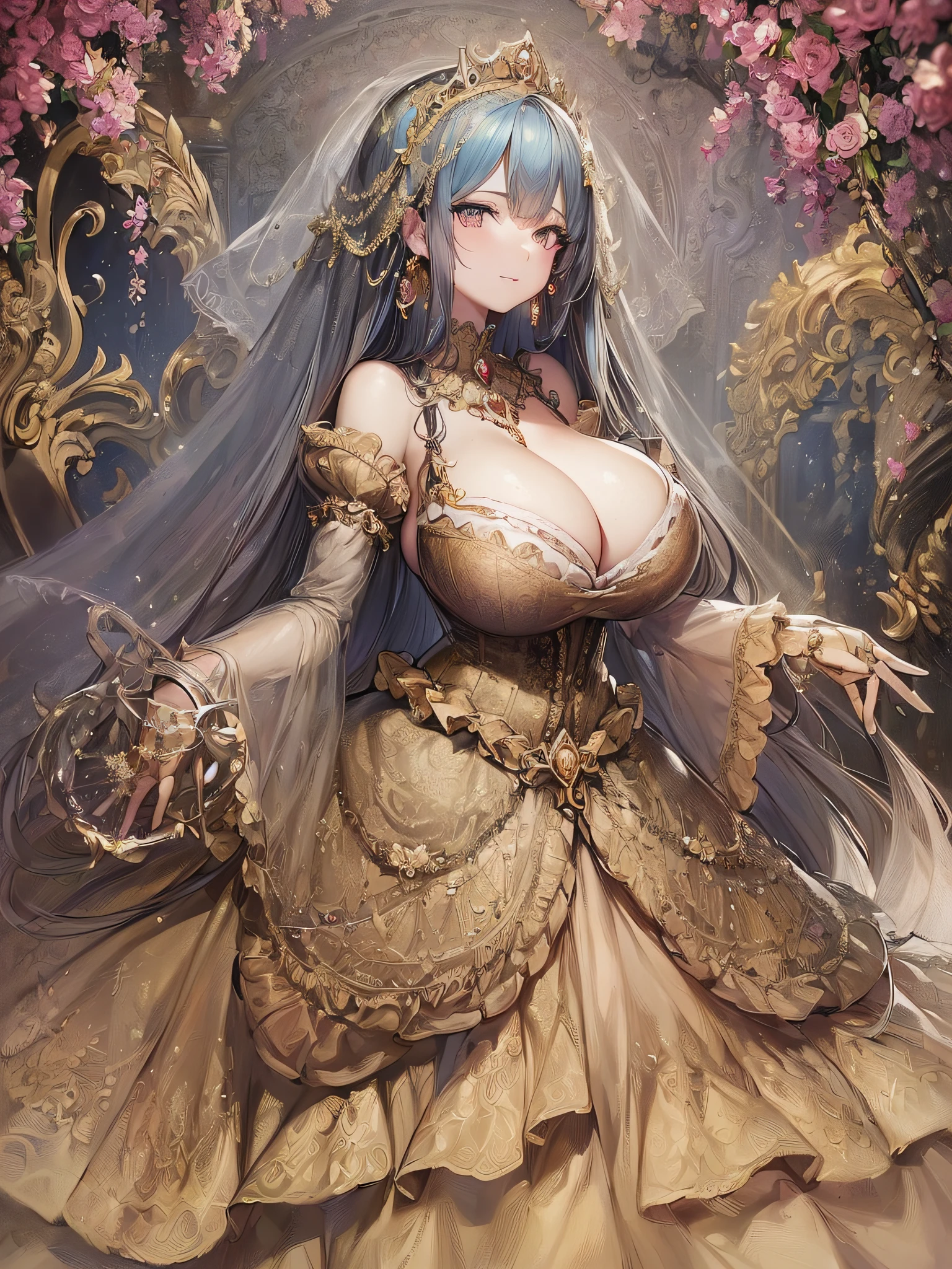 ((anime artstyle)),(Masterpiece),(Best Quality), (Super Detail),(Highly Detailed CG Unity 8k wallpaper),((Very Delicate and Beautiful)),cinematic lighting,1 girl,((full body portrait)),((standing in garden)),((solo)),(((1 fairytale princess in gorgeous embroidery and jeweled extremely gorgeous rococo princess ballgown with voluminous full length hoop skirt))),an hourglass waist,padded and corseted bodice,(((huge crinoline hoopskirt))),long train,((gorgeous embroidery and jeweled)),voluminous frills,See-through,(((extremely gigantic tits,skindentation))),cleavage,((absurdly Long Straight Hair,extremely voluminous Straight long Hair,absurdly Long Straight Hair)),(finely detailed face and eyes),(Blush,Smile),clear pupil,extremely gorgeousfull hair ornament,(bling-bling jeweled extremely gorgeousfull tiara),((bling-bling gorgeous gemstone jewelry)),gorgeous long veil,((ultra long gloves)),(beautiful background),(full body),((gorgeous embroidery and jeweled extremely gorgeous rococo princess ballgown with voluminous full length hoop skirt))