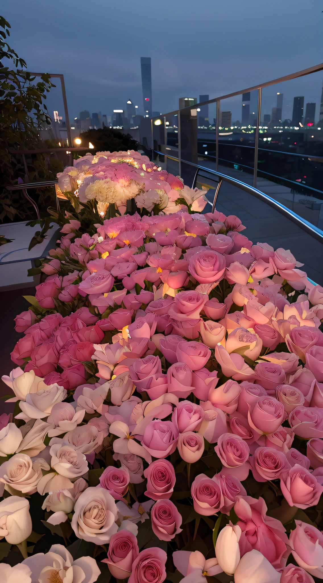 Flowers are arranged on the balcony，The background is the city skyline, Glowing flowers, set in tokyo rooftop, rooftop romantic, on rooftop tokyo night, lights with bloom, field of flowers at night, In the evening, rose pink lighting, At night, Flower beds on the floor, on future tokyo night rooftop, early evening, beautiful light up, beautifully lit