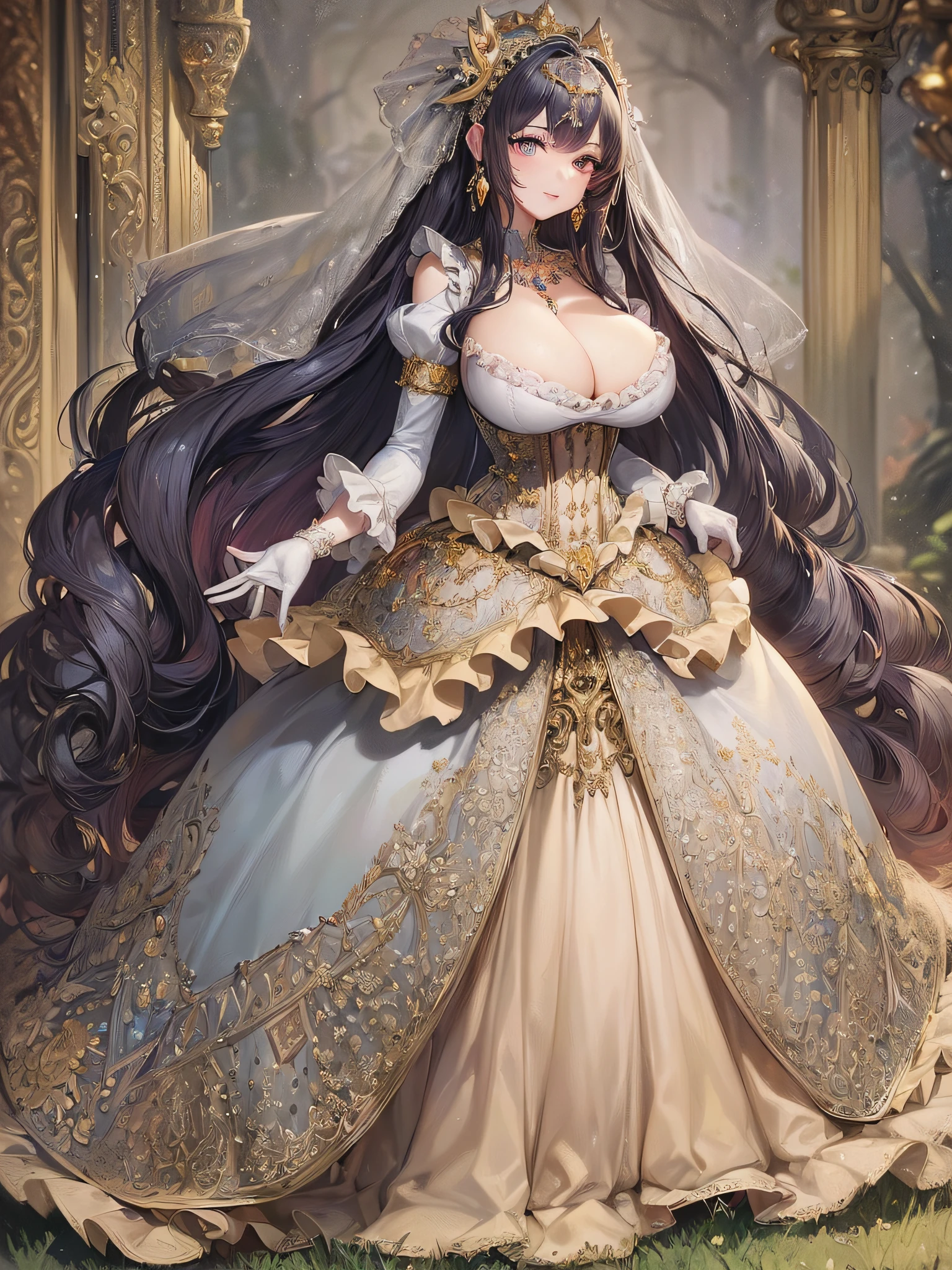 ((anime artstyle)),(Masterpiece),(Best Quality), (Super Detail),(Highly Detailed CG Unity 8k wallpaper),((Very Delicate and Beautiful)),cinematic lighting,1 girl,((full body portrait)),((standing in garden)),((solo)),(((1 fairytale princess in gorgeous embroidery and jeweled extremely gorgeous rococo princess ballgown with voluminous full length hoop skirt))),an hourglass waist,padded and corseted bodice,(((huge crinoline hoopskirt))),long train,((gorgeous embroidery and jeweled)),voluminous frills,See-through,(((extremely gigantic tits,skindentation))),cleavage,((absurdly Long Straight Hair,extremely voluminous Straight long Hair,absurdly Long Straight Hair)),(finely detailed face and eyes),(Blush,Smile),clear pupil,extremely gorgeousfull hair ornament,(bling-bling jeweled extremely gorgeousfull tiara),((bling-bling gorgeous gemstone jewelry)),gorgeous long veil,((ultra long gloves)),(beautiful background),(full body),((gorgeous embroidery and jeweled extremely gorgeous rococo princess ballgown with voluminous full length hoop skirt))