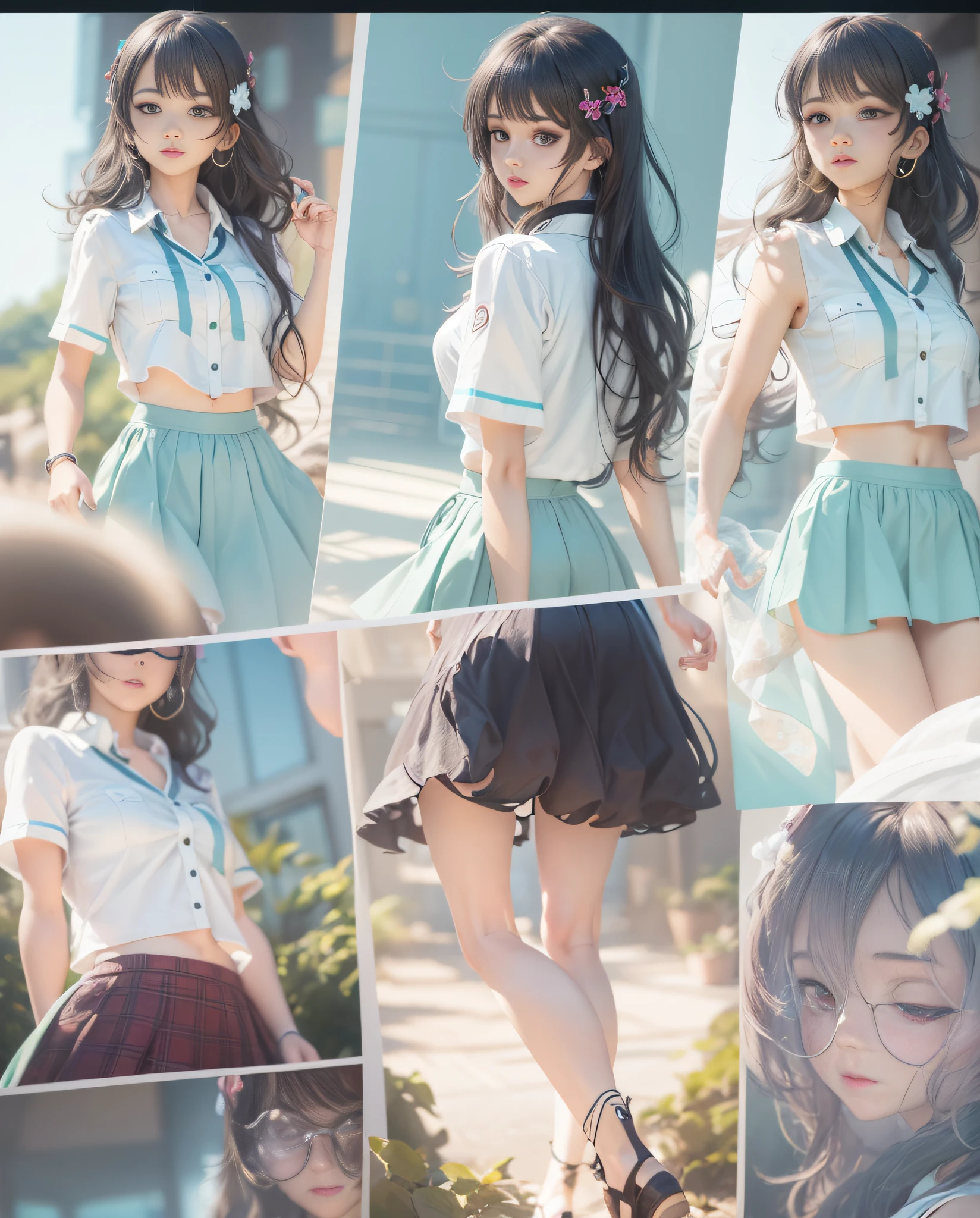 High Quality, 4K, In Frame, Close Up Portrait of Black Hair Woman in White Shirt and Light Blue Skirt, Photorealistic Anime Girl Render, Cute 3D Anime Girl Render, April Rendering, Anime VTuber Full Body Model, Full Body Xianxia, Live2D Virtual Youtuber Model, Smooth Anime CG Art, Realistic Portrait Full Body Realistic anime 3D style, photorealistic full body