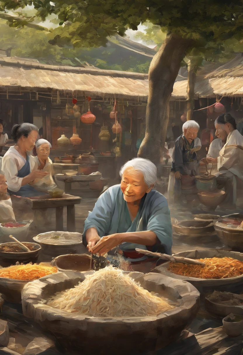 Under the banyan tree on the pier, a smiling old woman wearing traditional Zhuang ethnic clothing and adorned with flowers is serving a bowl of hot porridge to a ragged and weathered old man in her own porridge shop. A long line of people forms behind the old man, all dressed in tattered clothes, eagerly watching the pot of porridge in front of the grandmother. Some of them touch their stomachs, others wipe the drool from their mouths, and a few even tiptoe to count how many people are ahead. A few stretch their necks to catch a whiff of the aroma of the porridge-filled air.
Materials: Illustration, traditional oil painting, realistic digital rendering
Additional details: Pier surroundings, fishing boats, seagulls, banyan tree roots cascading over the ground, traditional decorations in the porridge shop, steam rising from the bowl of porridge, small bowls and spoons on the counter, vintage signage, worn-out wooden tables and chairs
Image quality: (best quality, 4k, highres, masterpiece:1.2), ultra-detailed, (realistic, photorealistic, photo-realistic:1.37), HDR, studio lighting, extreme detail description, professional
Art style: Portraits, traditional scene, family bonds, cultural heritage, realism
Color palette: Earth tones, warm colors, golden light filtering through the leaves of the banyan tree
Lighting: Soft, warm sunlight illuminating the scene, creating natural shadows under the tree branches, spotlight on the porridge bowl