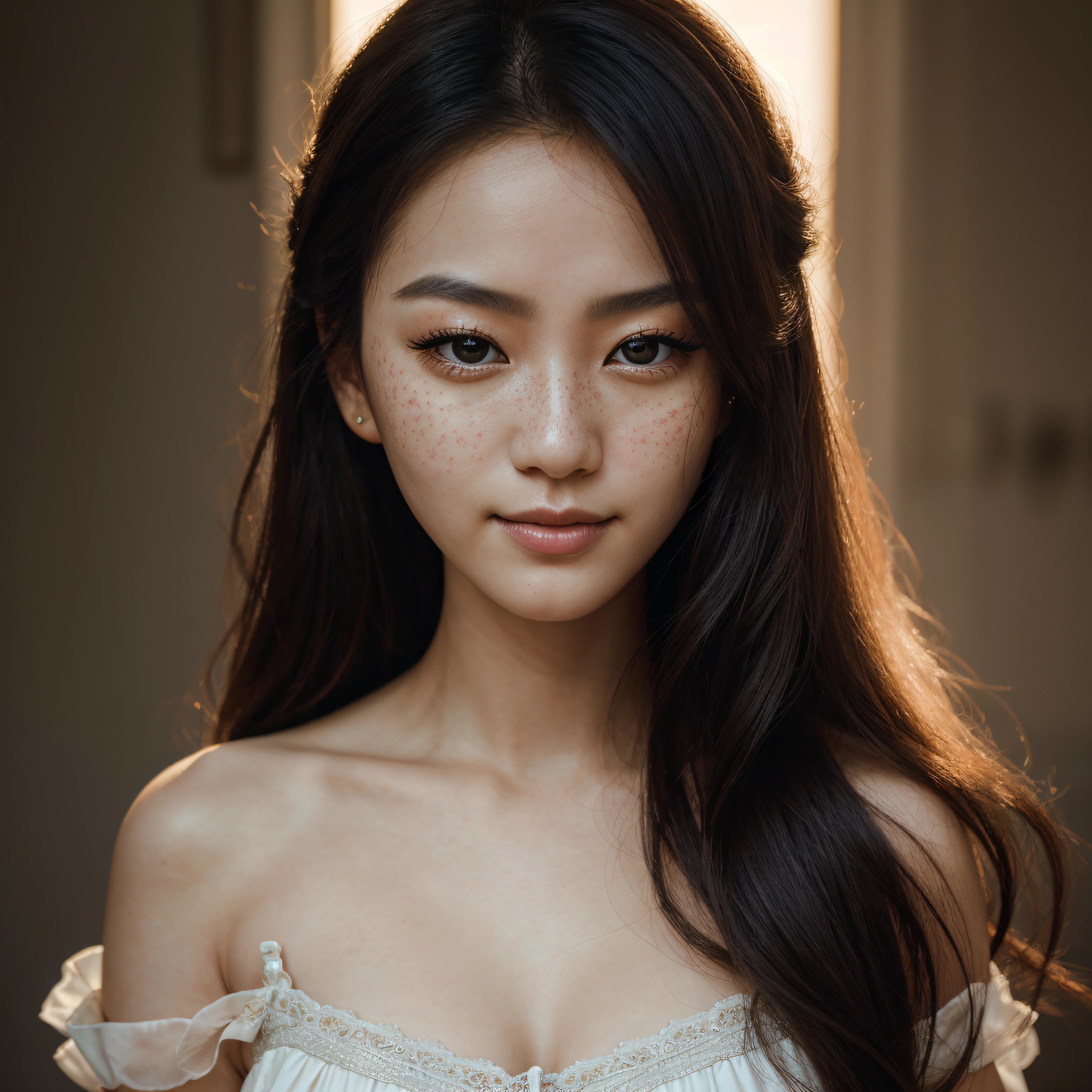 An exquisite portrait of a korean woman with pale skin, the photograph captured in stunning 8k resolution and raw format to preserve the highest quality of details. The woman's beauty is undeniable. She wears a deep cut dress that complements her radiant skin, and her eyes are portrayed with meticulous attention to detail, showcasing the captivating depth within. The photograph is taken with a lens that emphasizes the gentle smile in her eyes, and the backdrop is a dark studio setting that enhances the muted colors of the scene. The lighting and shadows are expertly crafted to bring out the richness of her skin tone and the subtle nuances of her features. Her pure black hair, with its distinct hue, adds a touch of contrast against her white skin. The interior setting adds a sense of intimacy, while the freckles on her skin tell their own story. The overall composition captures her essence with authenticity and grace, creating a portrait that is a celebration of her heritage and beauty. Photography utilizing the best techniques for shadow and lighting, to create a mesmerizing portrayal that transcends the visual, slightly tilted head, (extreme iris details:1.4)