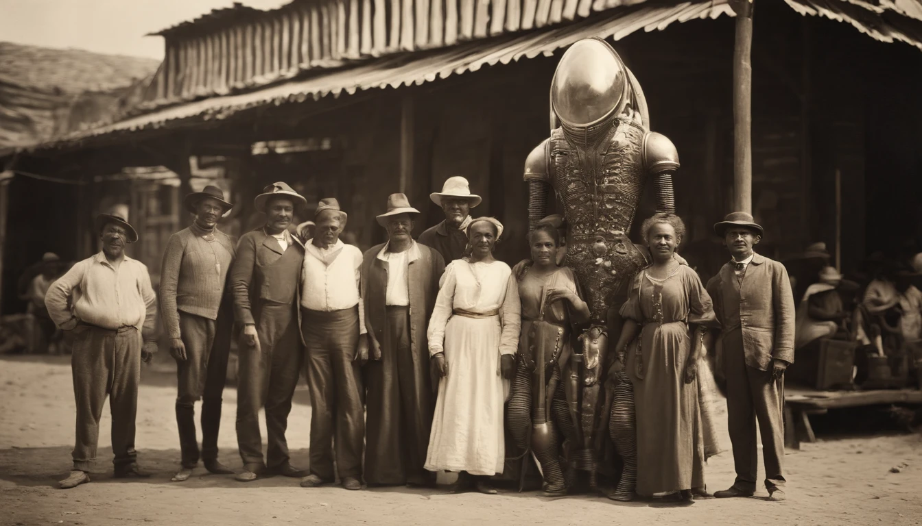full body, mechanical alien, posing a picture with local peoples, captured in black and white, 1900s photograph, detailed, gelatine silver print, add noise, old photo effect