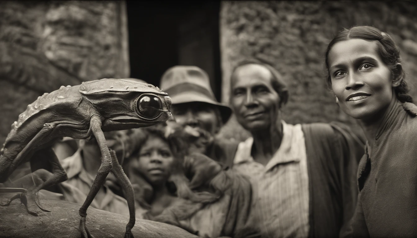 corpo inteiro, Mechanical Alien, pose a photo with local people, capturado em preto e branco, Fotografia dos anos 1900, circunstanciado, gelatin silver printing, Add noise, antique photo effect, SCP