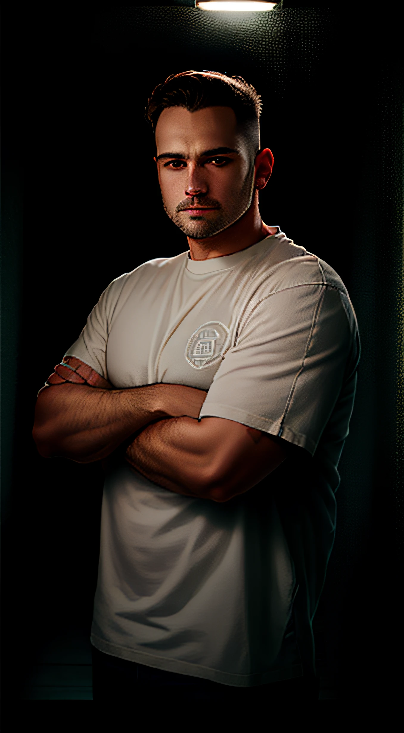 There is a man standing with his arms crossed in a dark room, Retrato a mitad de plano, Vitaly Bulgarov, andrey surnov, Luz superior de retrato medio, sigma 85/1.2 Retrato, Retrato de cuerpo completo, Retrato de cuerpo completo, low key lighting, Filmado en la oscuridad con luces de estudio, Foto oficial del producto, jonas roscinas, adam varga