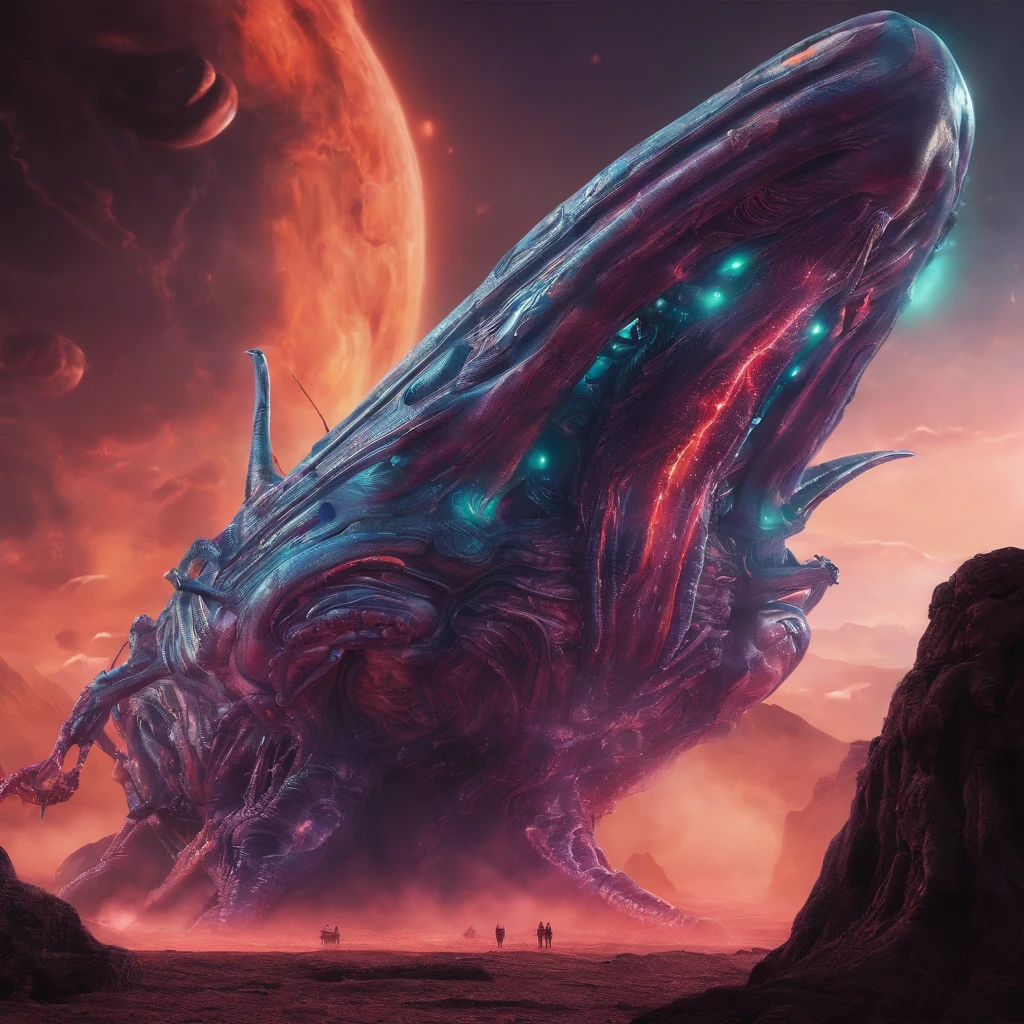 glossy phallic spaceship crash landing on alien planet, tentacles, smoke