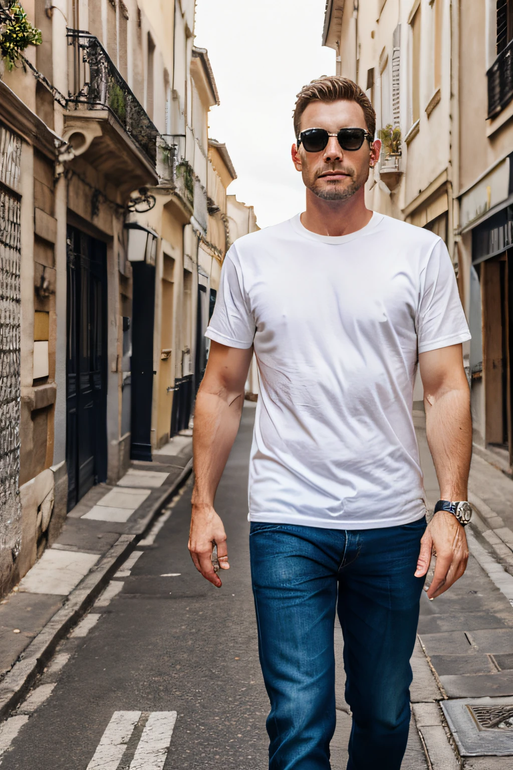 a white adult man in france, street background