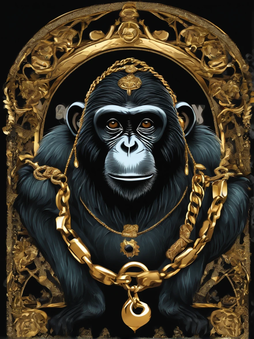 /Imagine Prompt: Hip hop monkey illustration isolated on black background、For stickers, Gold Chain, Bold outline style, jagged,