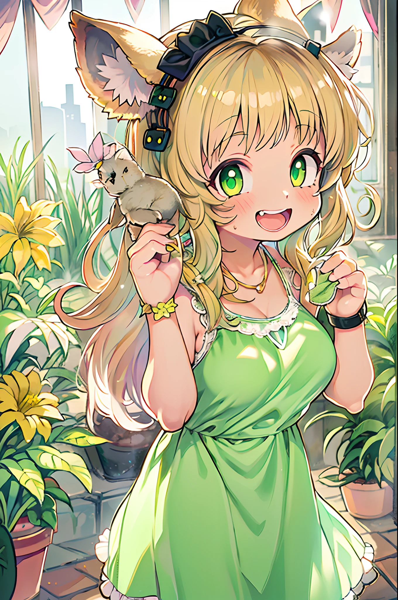 1girl in, :D, animal ear fluff, Animal ears, Bangs, black hairband, Blonde hair, Blurry, Blurry background, depth of fields, Dress, flower, flower pots, frilly dress, frilld, Green dress, Green eyes, shairband, Holding, Long hair, Open mouth, pink flowers, plant, potted plant, sketch, Sleeveless, Sleeveless dress, Smile, Solo, tail, Wrist cuffs, yellow flower, 1980s (Style)