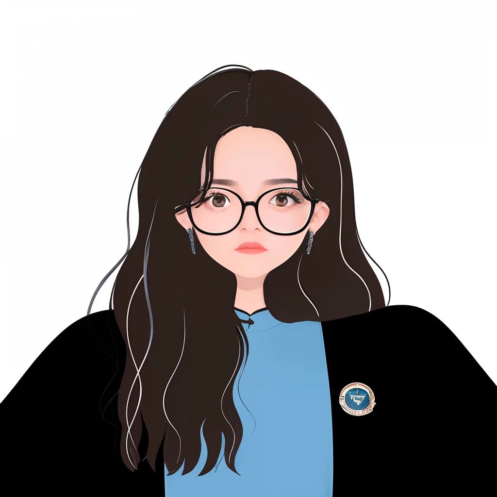 A lawyer wearing black-framed glasses and a blue shirt is looking into camera, Girl with big black-framed glasses, wavy long black hair and glasses, 3D portrait, Wear a lawyer's robe, high quality portrait,Asian women