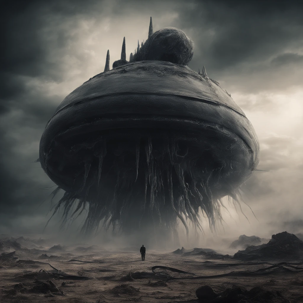 glossy phallic spaceship crash landing on alien planet, tentacles, smoke